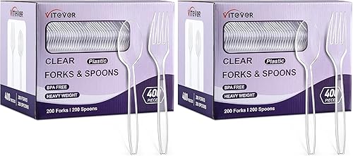 Miniatura 8 de Juego de 400 tenedores y cucharas de plástico transparente a granel, cucharas y tenedores desechables resistentes, cubiertos de plástico para fiestas