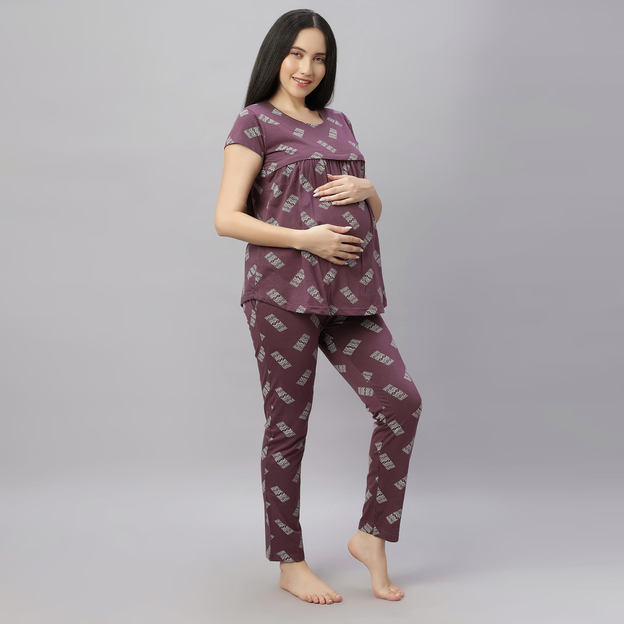 DZZO New Women's Cotton Printed Maternity Night Suit | Comfortable Feeding Night Dress | Soft & Breathable Nursing Pajama Set | Color - Brown, Size - XL - Image 3 thumbnail
