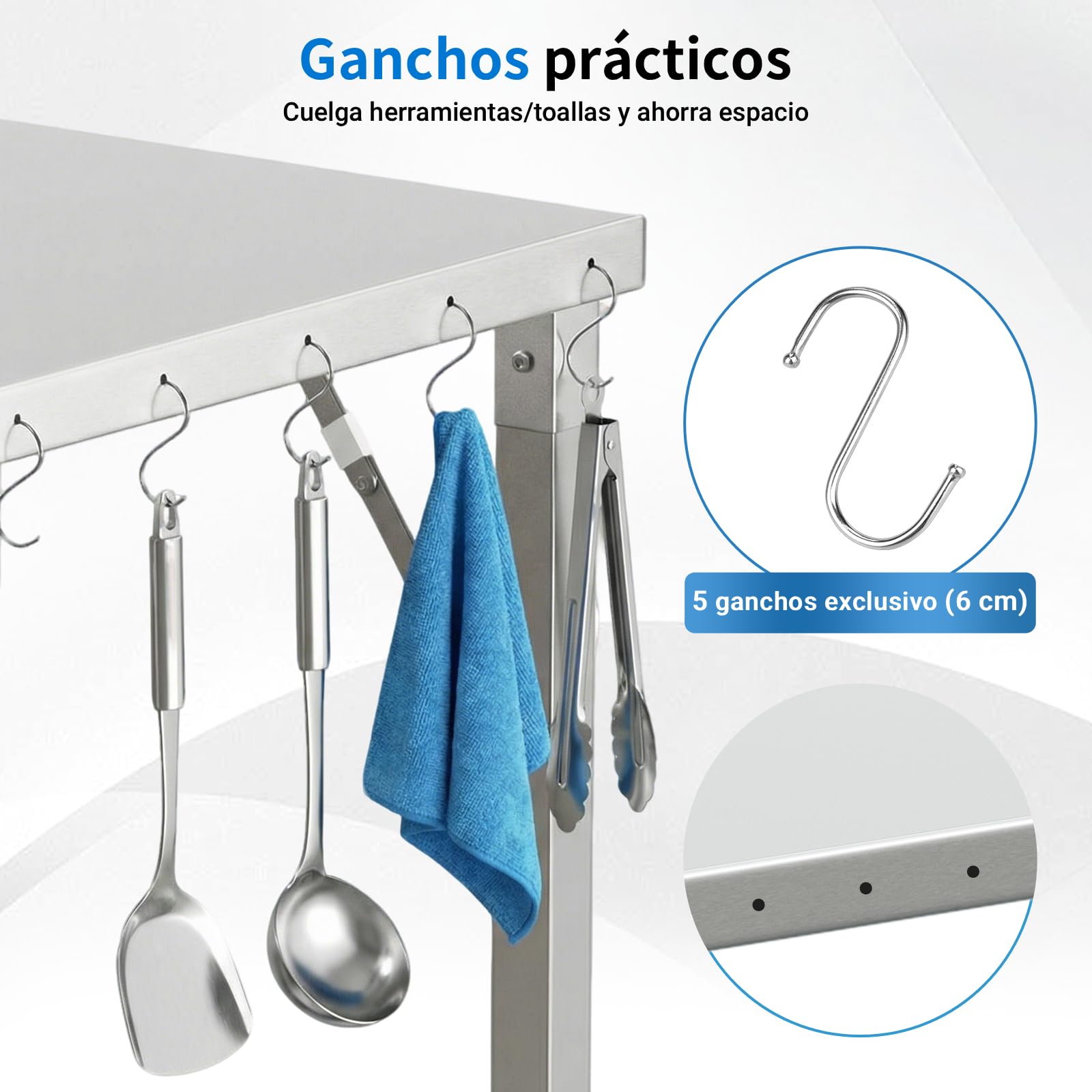 TLSUNNY Mesa de Acero Cocina Inoxidable Plegable 120x60cm, Mesa de Trabajo Inoxidable Gastronomía con 5 Ganchos, Patas Ajustables,Capacidad 250kg,Mesa de Cocina Preparación de Comida para Restaurante