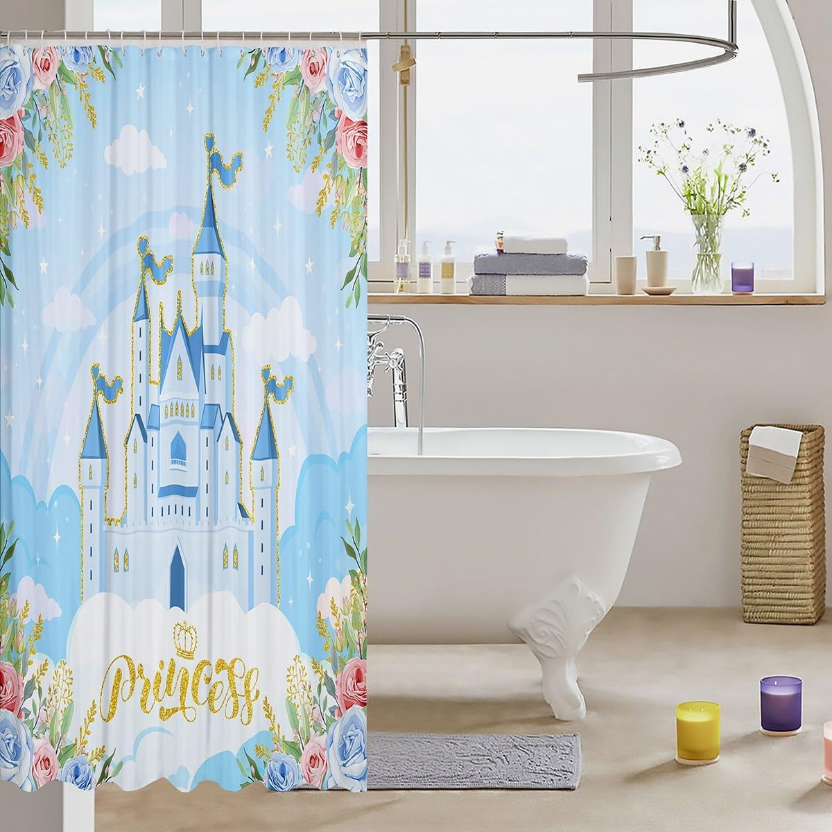 Manfei Princess Theme Shower Curtain with Hooks,Blue Castle Dreamy Room Decor Bath Curtain,Flowers Garden Fairy Tale Bathroom Accessories Waterproof Panel,72x 78 Inches