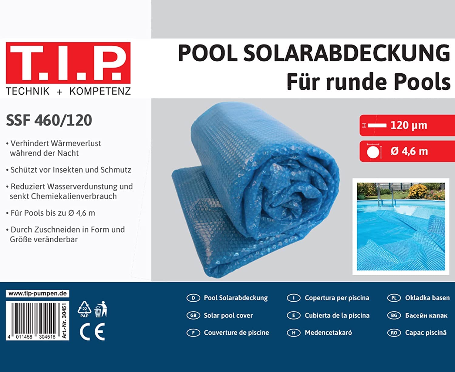 T.I.P. Cubierta Solar SSF 460/120 Cubierta Solar 120 μm para Piscina de Anillo/Piscina Redonda Ø 4,60 m
