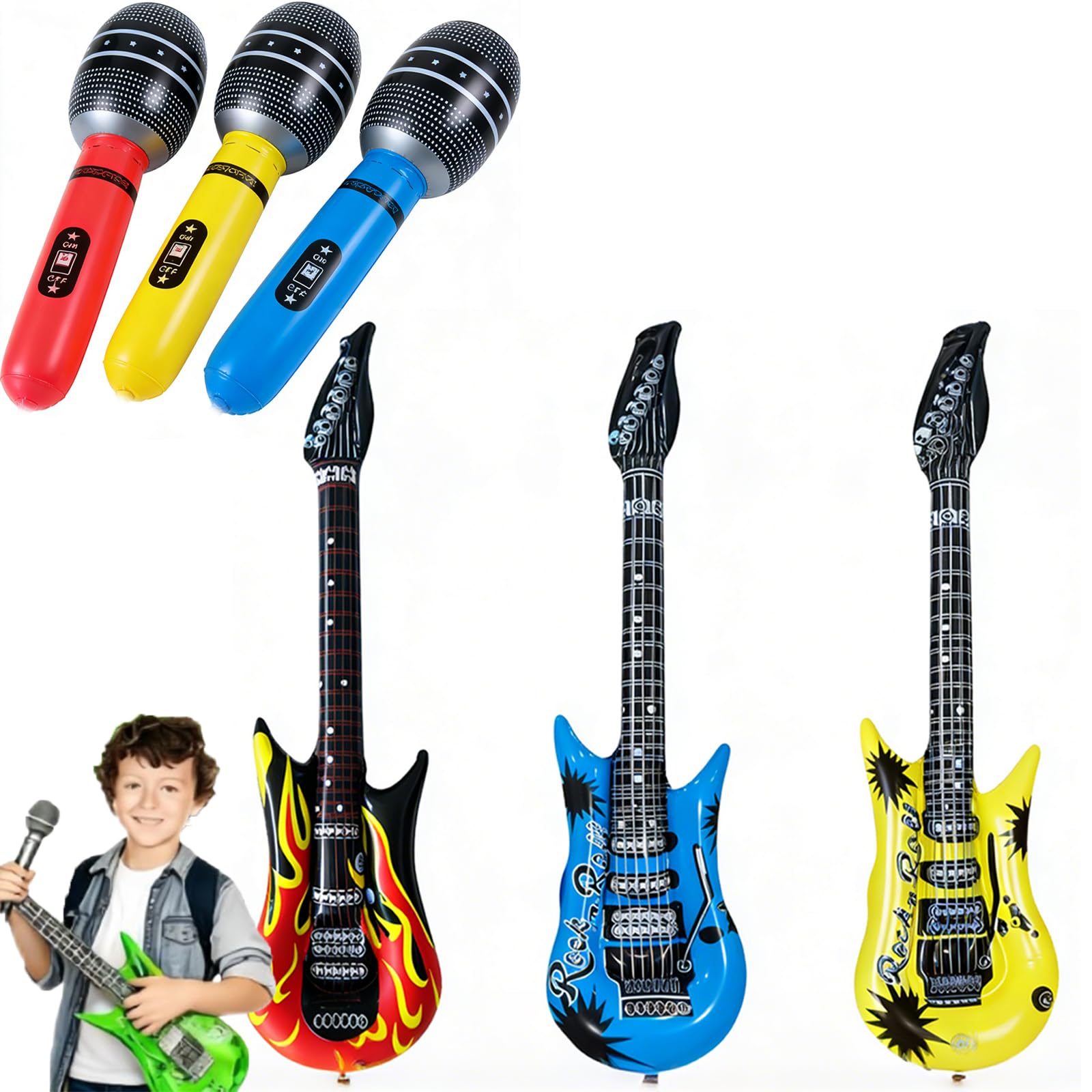 6Pcs Set Inflatable Guitar, Inflatable Microphone Set, Blow Up Guitar for Kids, Musical Instrument Toys for Children, Air Guitar Collection with 3 Guitars and 3 Microphones