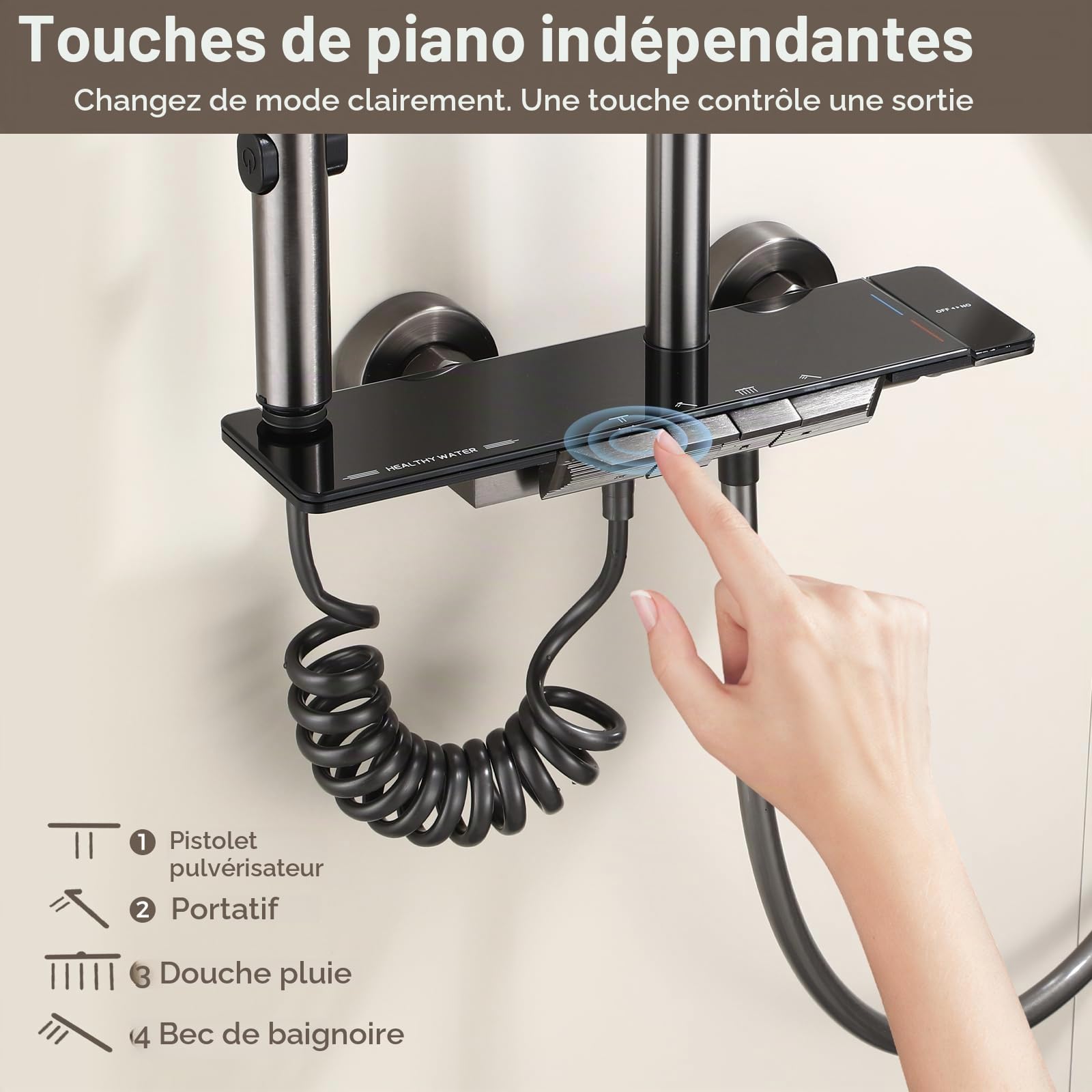 Colonne de Douche 4 en 1, Système de Douche à Touches Piano, Colonne de Douche Réglable en Hauteur Intégrant une Douchette Hygiénique, avec Douchette à Main et Robinet, Baignoire Cascade