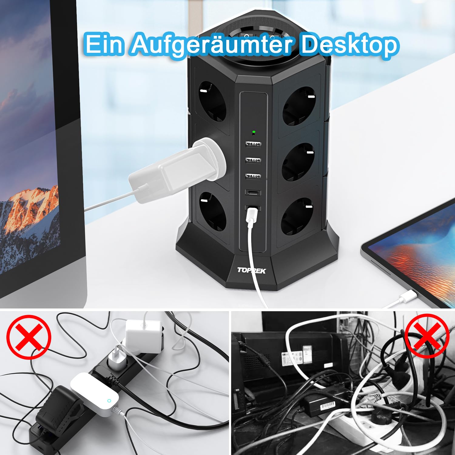 TOPREK Mehrfachsteckdose 12 Fach, mit Überspannungsschutz USB C Schalter