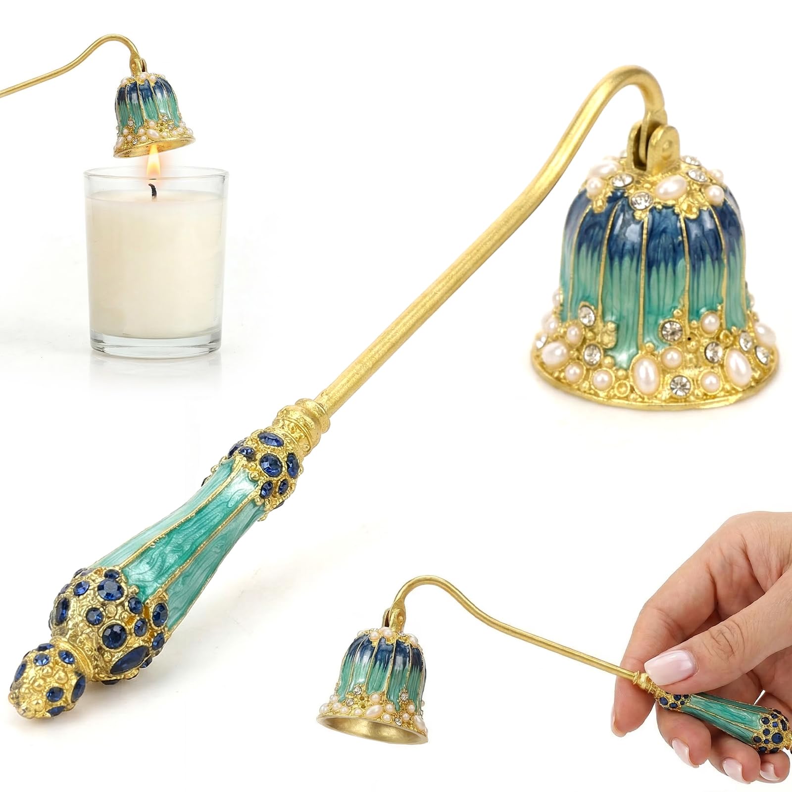 Ghshanog Green+Golden Candle Snuffer,Safe Candle Extinguisher With Long Handle,Decorative Wick Flame Snuffer,Elegant Metal Candles Stopper For Putting Out Extinguish Candles Wick Flame Safely