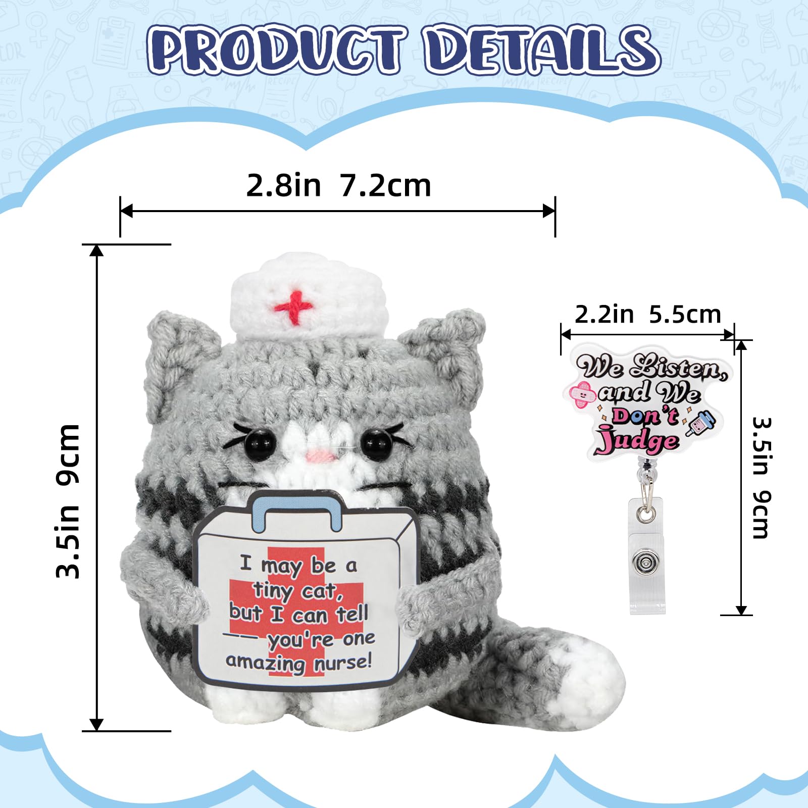 Funny Nurse Week Gifts for Women - 2026 Positive Crochet Cat with Nurse Badge Reel - Animals Emotional Appreciation Gifts for RN Registered Practitioner, LPN, Nursing School Graduation, Christmas