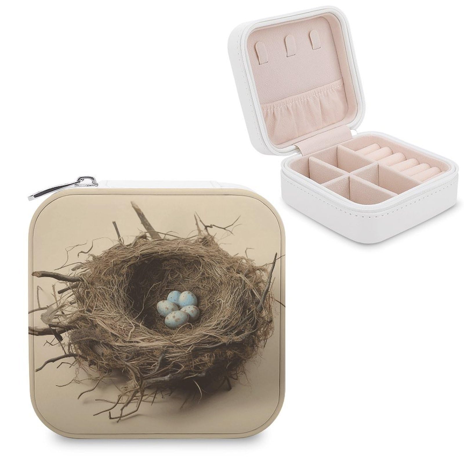 VstaDank Birds Nest Travel Jewelry Case Zipper Portable Small Jewelry Box Custom Pu Leather Mini Traveling Jewelry Organizer for Rings Earrings Necklace Bracelet Girls Women