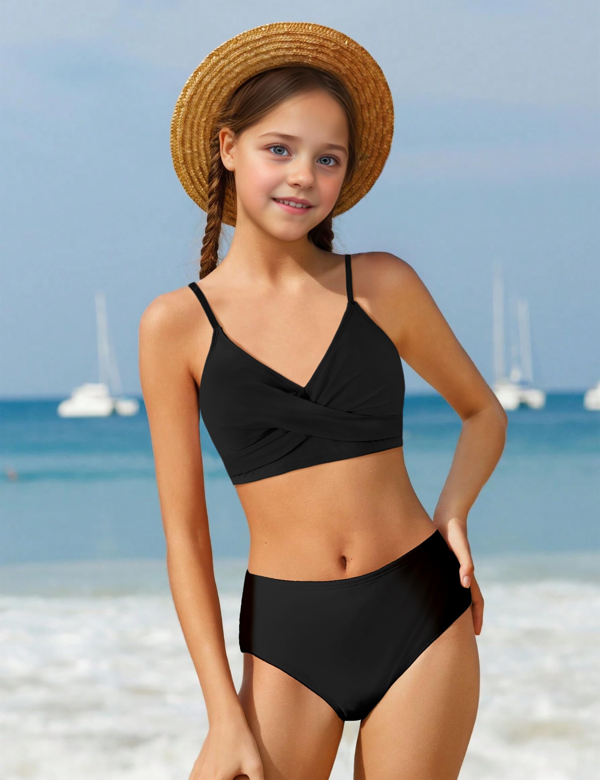 WIQI Conjunto de bikini de 2 piezas para niñas, con bloques de color, entrecruzado, talla 9-16