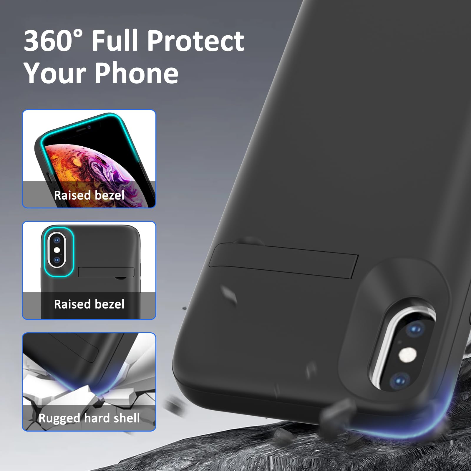 Custodia con Batteria per iPhone X/XS (5,8‘’), Custodia di Ricarica Sottile Ricaricabile da 8500 mAh con Supporto Batteria di Riserva Portatile Protettiva per iPhone X/XS - Nero