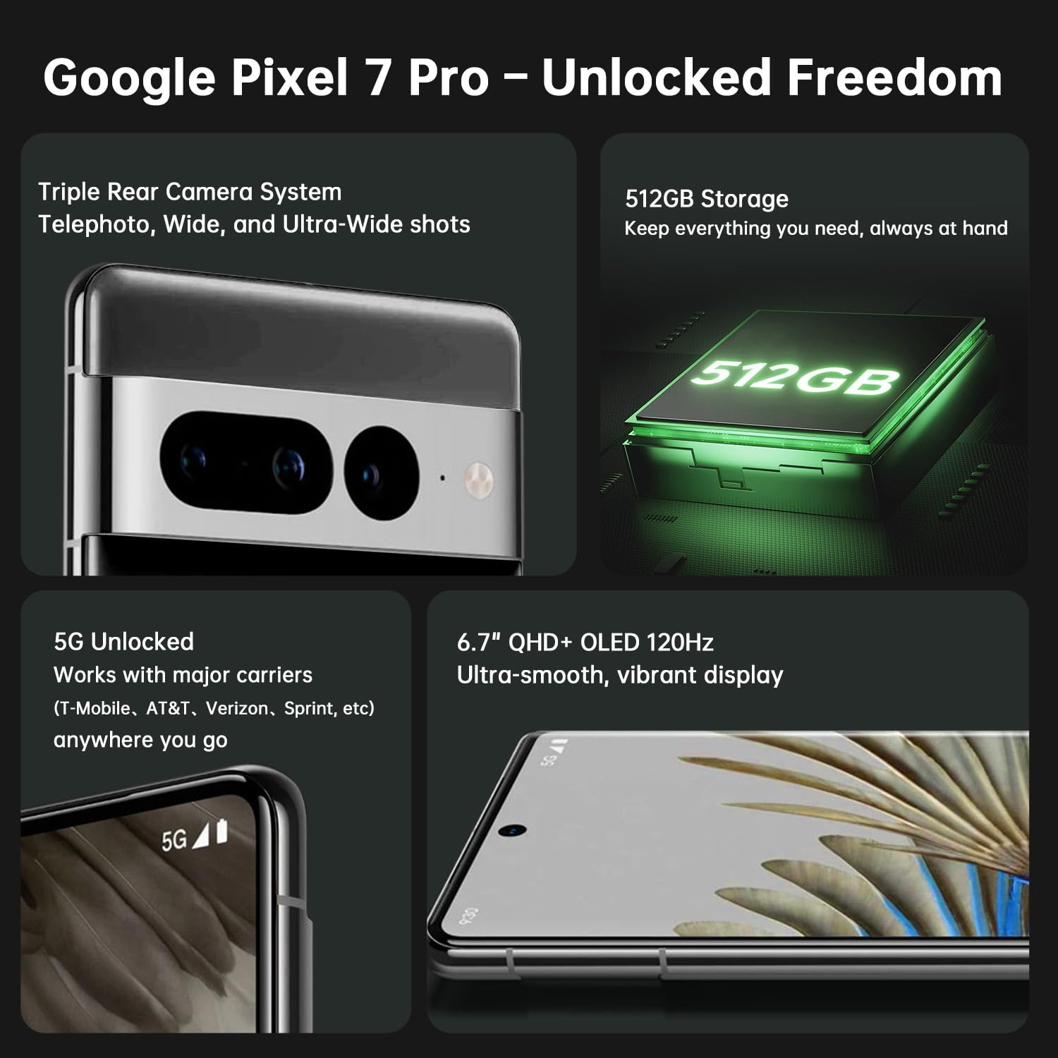 Google Pixel 7 Pro Unlocked Android Phones - 5G Smartphones with 512GB Storage, 12GB RAM, 6.7" QHD OLED, Triple Camera, 24-Hr Battery, Includes Wireless Charging Bundle, Obsidian