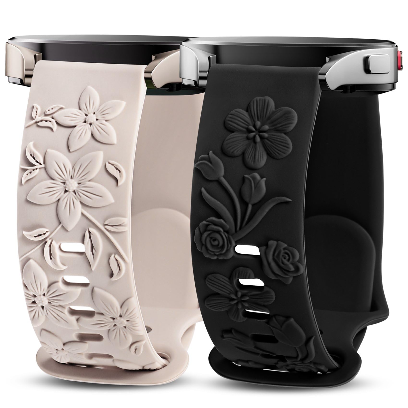 TOYOUTHS2 Pack Rose Floral Engraved Bands Compatible with Samsung Galaxy Watch 7/6/5/4 Band 40mm 44mm, Women 20mm Silicone Dressy Embossed Flower Strap for Active 2/Watch 5 Pro, Starlight/BlackClimatePartner certified