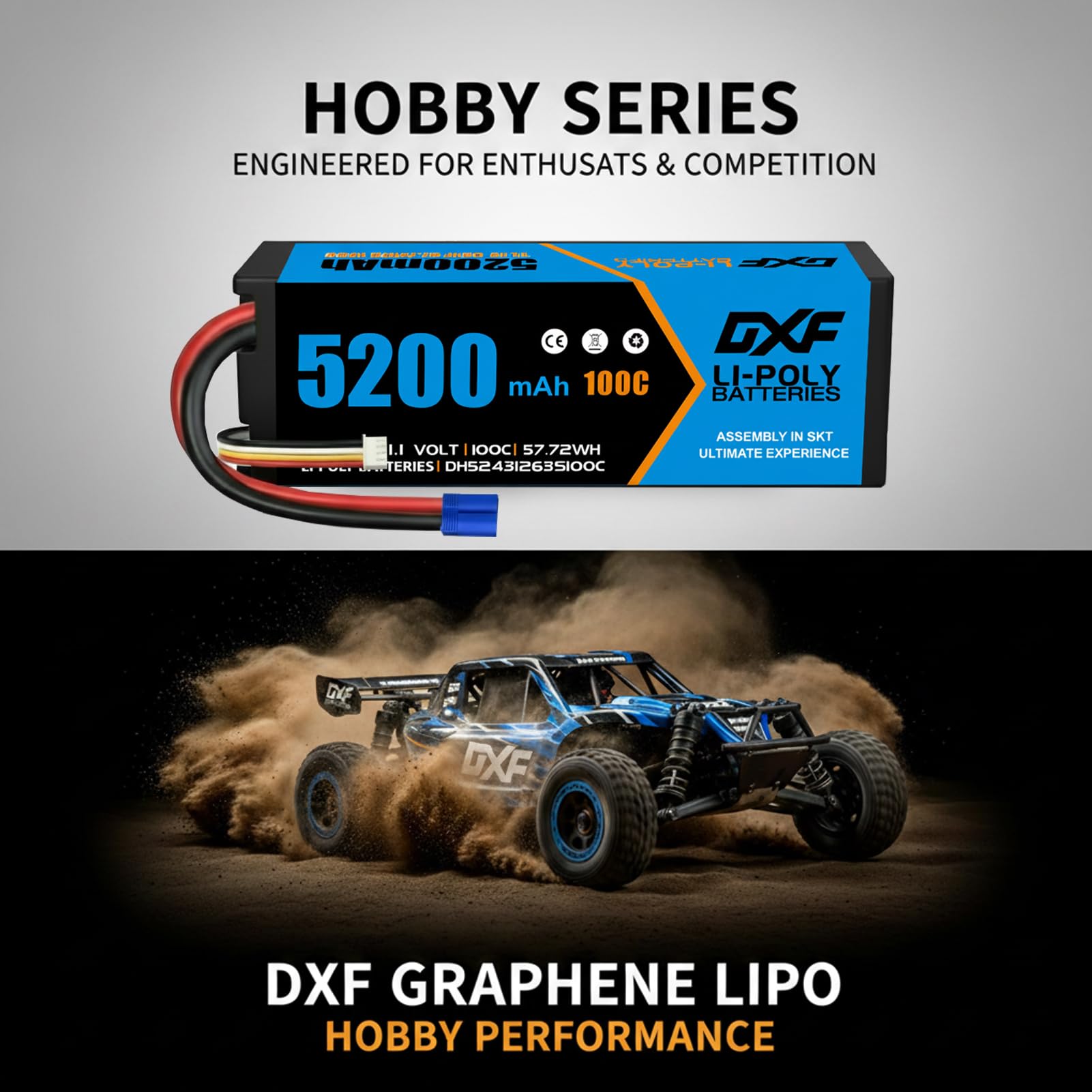 DXF Paquete de 2 baterías LiPo EC5 de 5200 mAh, 11,1 V, 100 C, enchufe EC5, grado A+, de baja resistencia, para coche, camión, buggy, oruga, helicóptero, barco, avión, escala 1/8 1/10