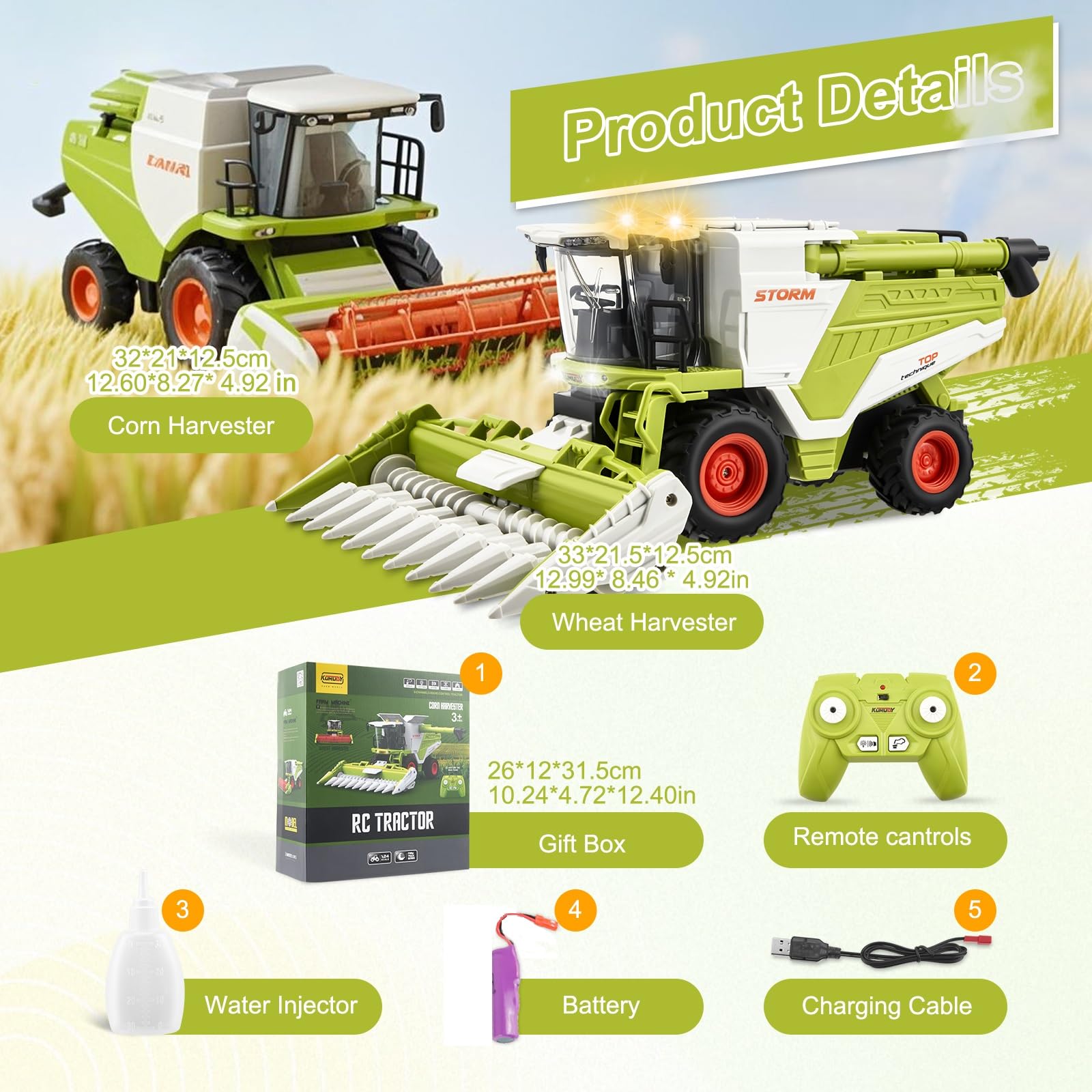 RC Cosechadora de juguete teledirigida, cosechadora RC Tractor grande con pulverización, luz y sonido, 2,4 GHz, 1:24, trituradora de maíz, regalos para niños a partir de 3, 4, 5, 6 años