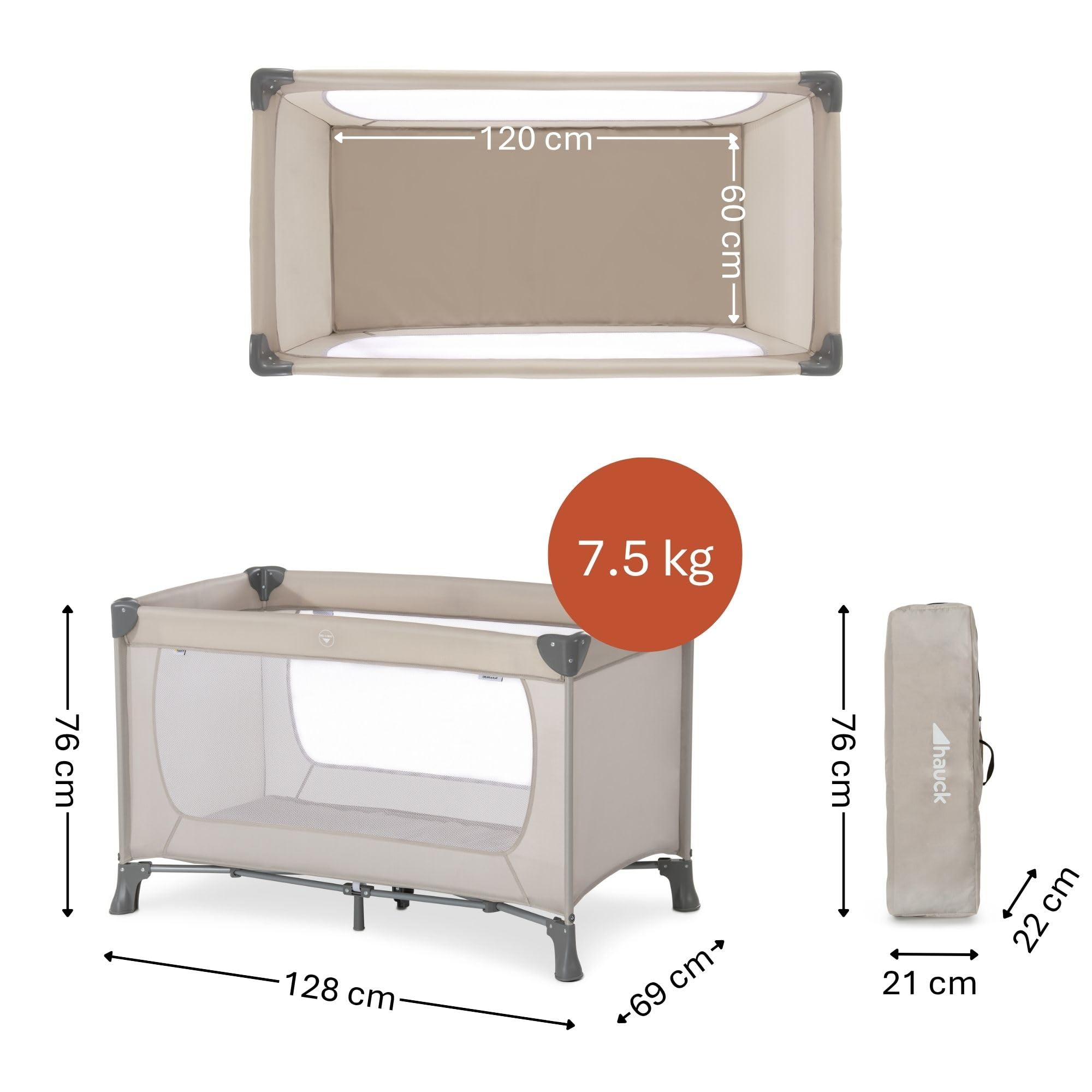 hauck Dream N Play, Beige - Baby & Kinder Reisebett mit Tragetasche ab Geburt bis 15 kg, Schnell & Kompakt Faltbar, Große Netzfenster