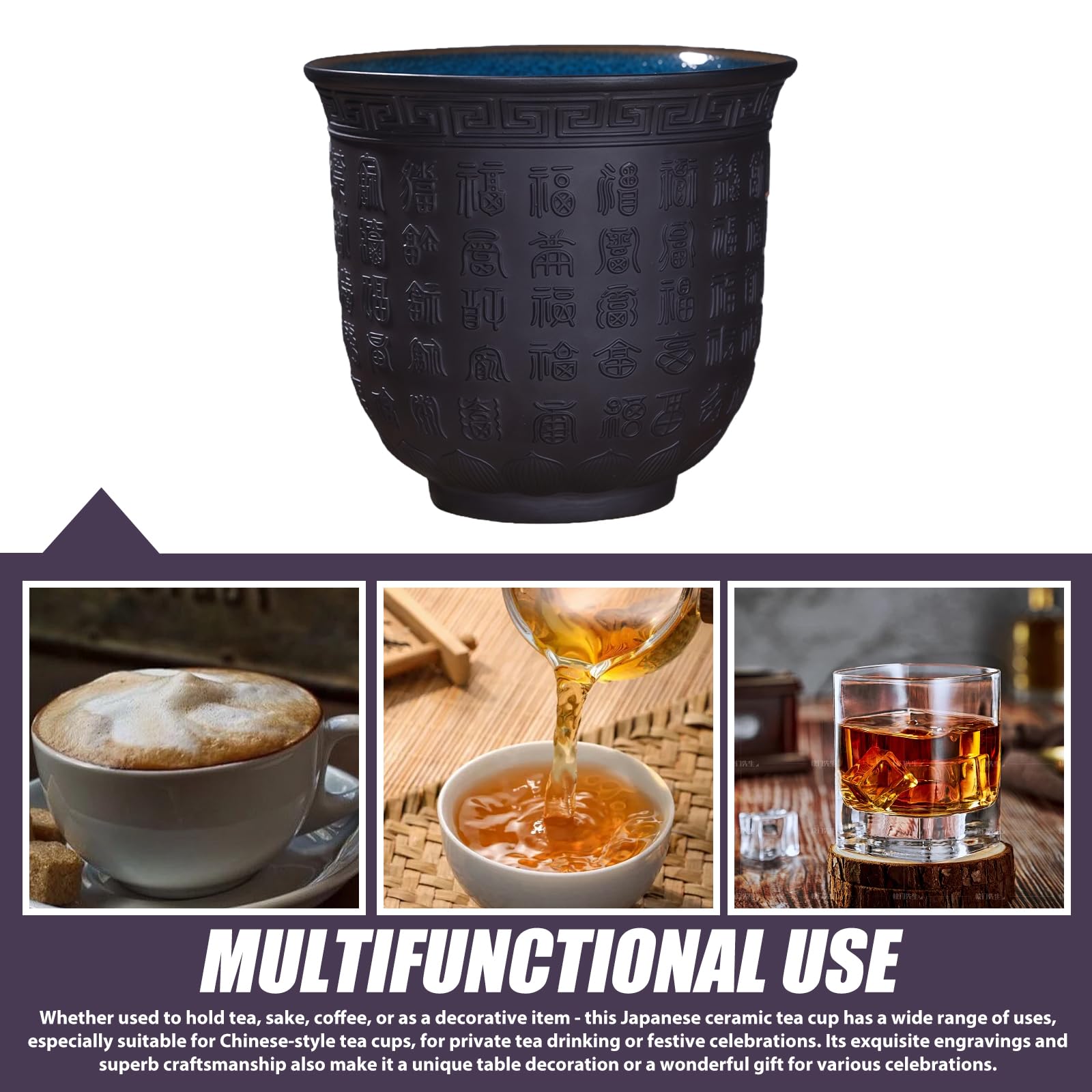 GOMETY Set di 4 tazze da tè giapponesi, 165 ml, tazze da tè cinesi, piccole e asiatiche, in ceramica, senza manico, tazza da tè in porcellana con testo di buona fortuna, in rilievo per tè sake caffè