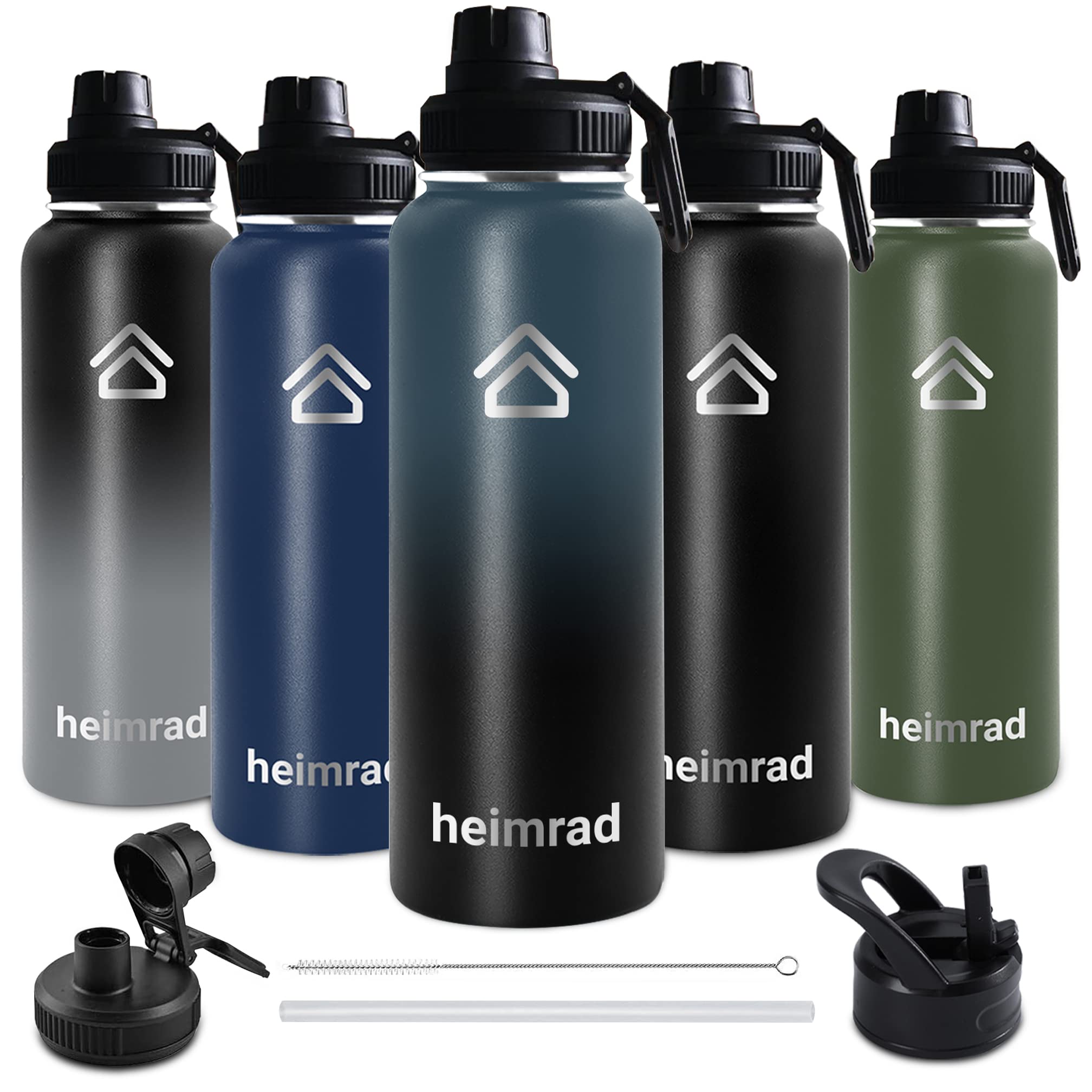 HEIMRAD 1200ml Stainless Steel Water Bottle with Straw Lid & Spout Lid Double Wall Vacuum Insulated Sports Water Bottle Wide Mouth BPA-Free Leak-Proof Gym Bottle BLUE% BLACK
