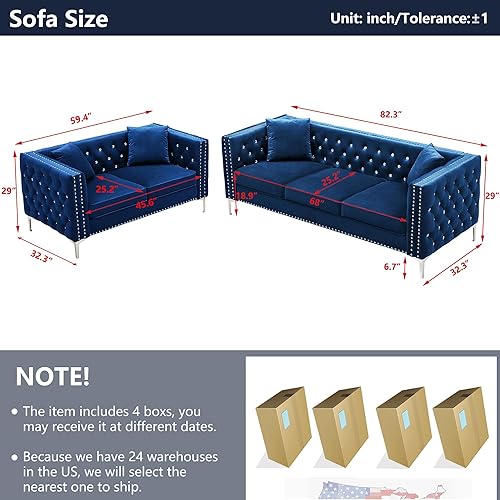 Miniatura 10 de Fulocseny Sofá biplaza tapizado de terciopelo, sofá de 59.4 pulgadas con botones joyas y brazos cuadrados, moderno botón y patas de metal, sofá con