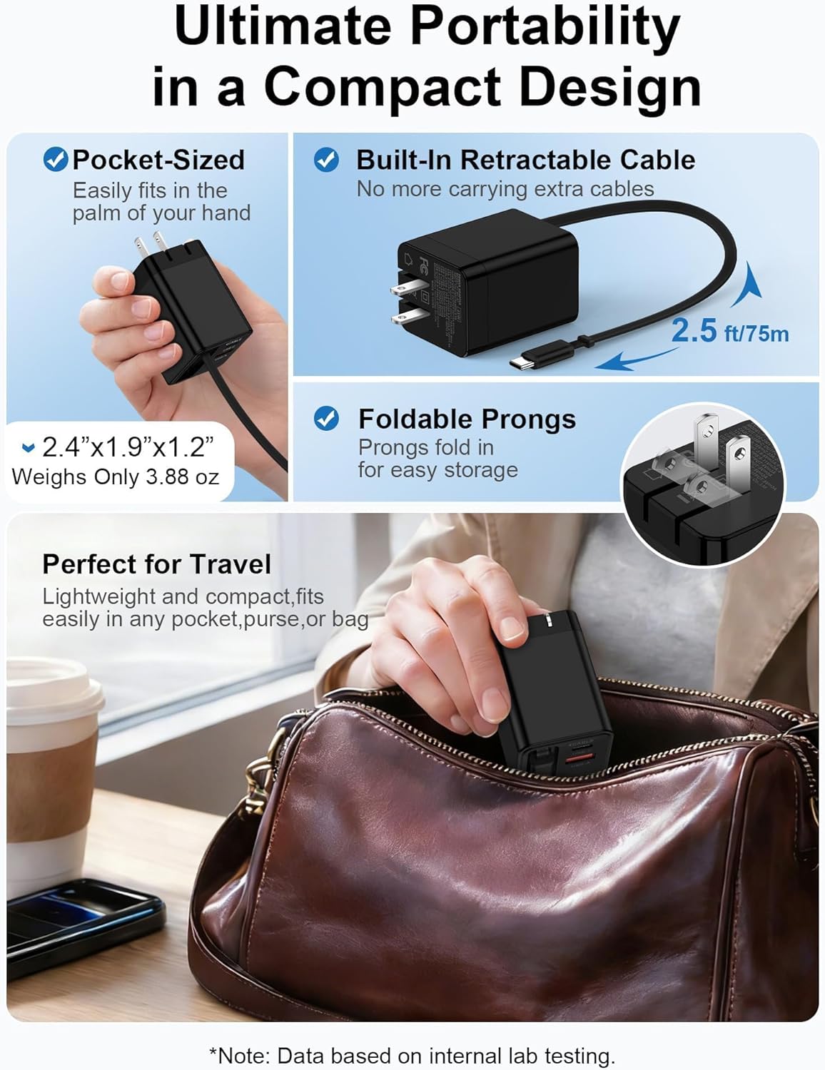 Retractable Car Charger USB-C for Samsung Galaxy S26 Ultra S26+ S25 S24 Apple iPhone 17e 17 Pro Max 16 Air, 47W Fast Car Charger Adapter + 35W Foldable Wall Plug - USB C Charging with Built-in Cables