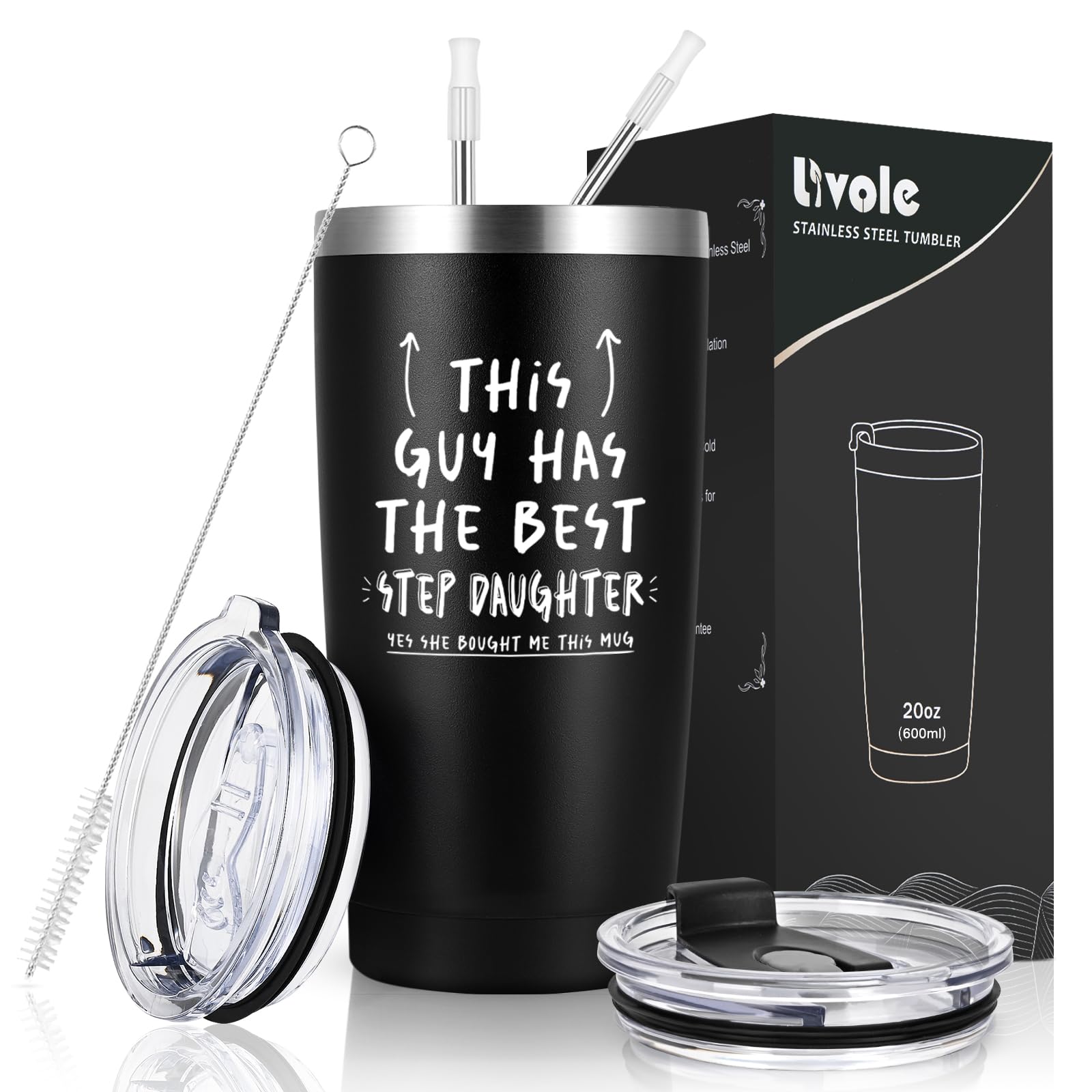 Livole Step Dad Christmas Gifts, This Gay Has The Best Step Daughter, Yes She Bought Me This Mug, Stepfather Mug, Secret Santa Presents for Fathers, Dad, 20oz Insulated Wine Tumbler with Straw Lids