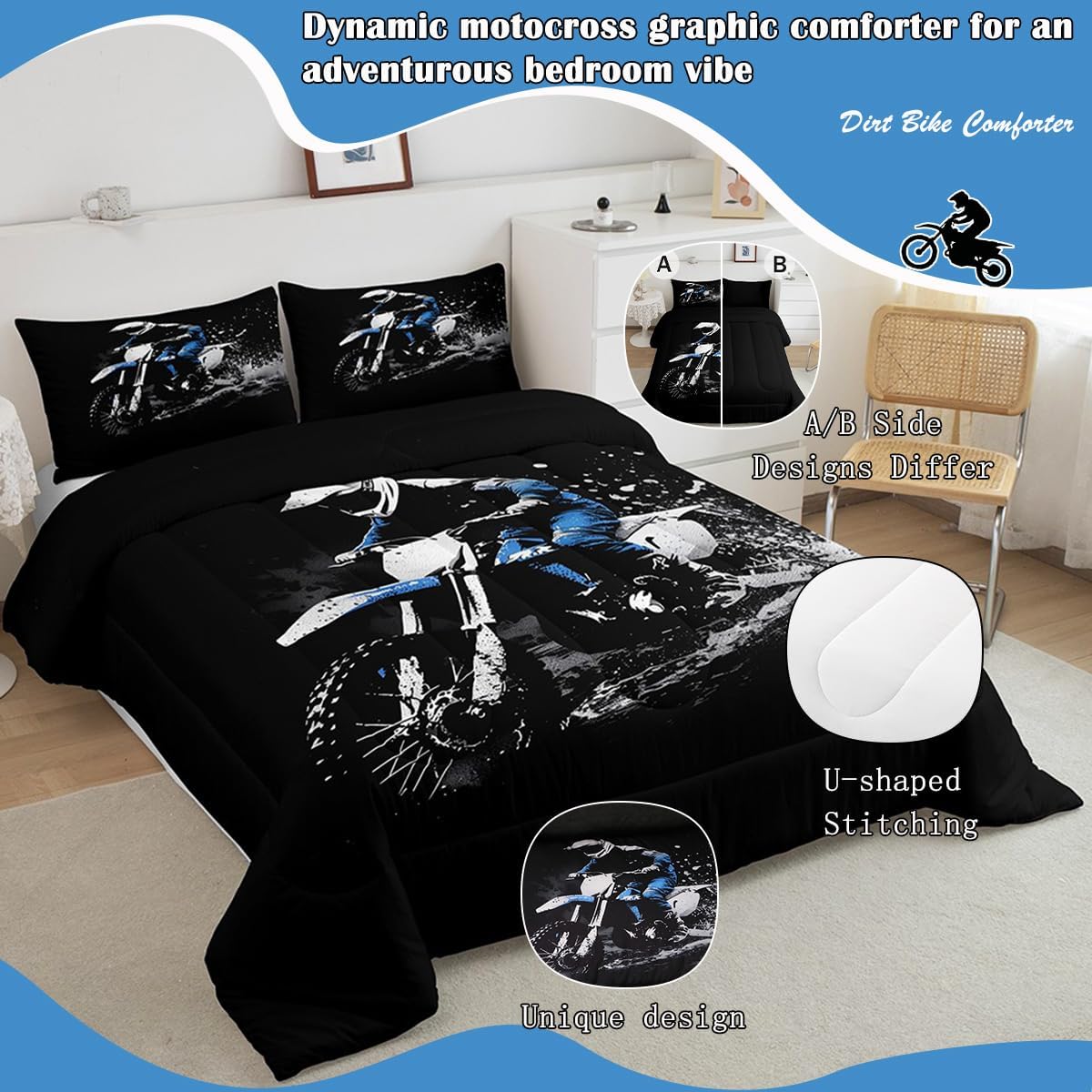 Feelyou Dirt Bike Comforter Set Twin Size Racing Themed Dirt Bike Bedding Set Ultra Soft Racing Motocross Bedding for Kids Boys Girls Motocross Comforter Room Decor Motorbike Quilt Set - Image 3