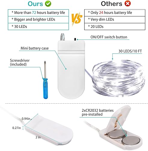 Miniatura 2 de VOOKRY Paquete de 12 luces de hadas que funcionan con pilas, 30 luces LED pequeñas estrelladas de 10 pies de alambre de cobre plateado, funciona