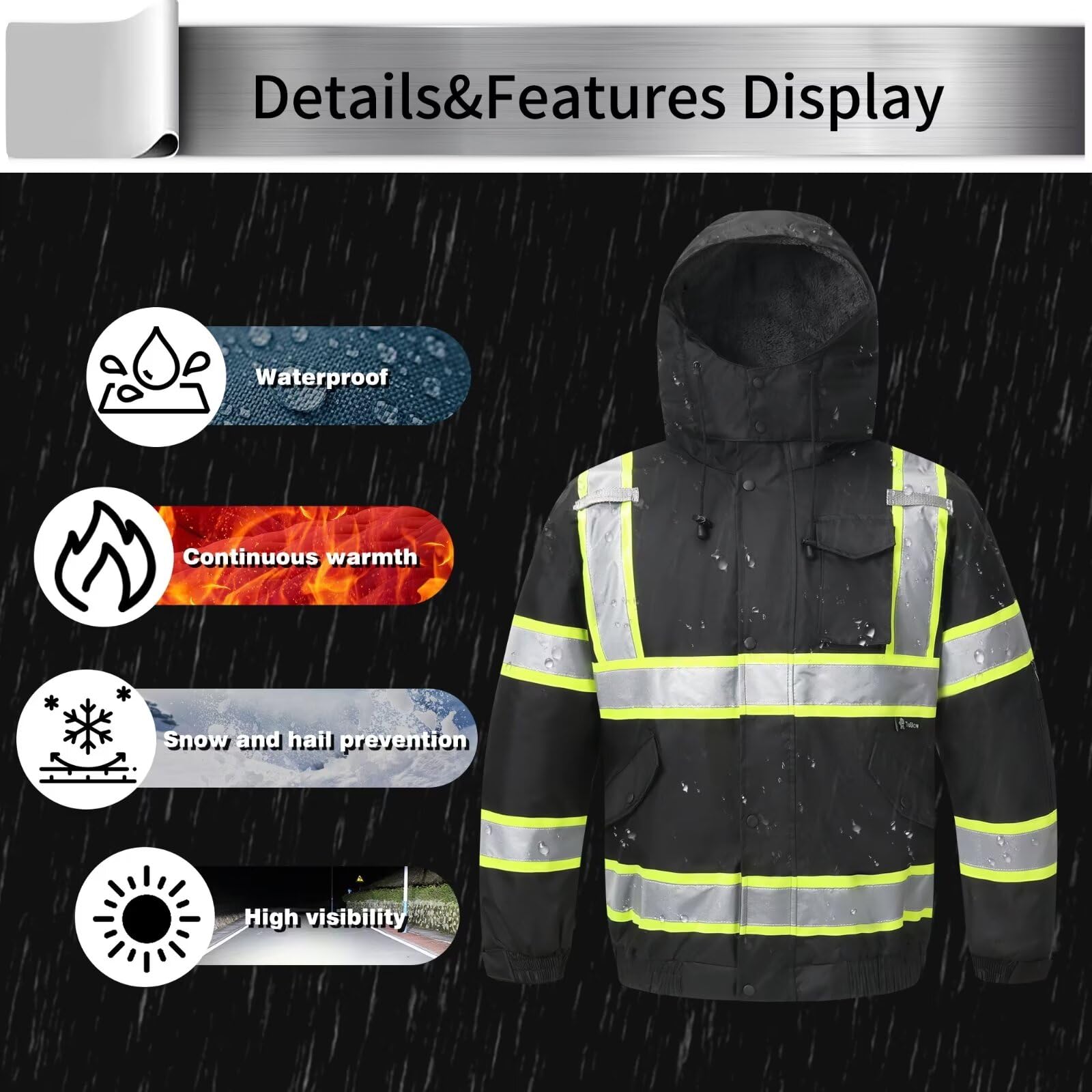 Sudadera con capucha de alta visibilidad para hombre, chamarra de seguridad reflectante con cierre para hombre y mujer, parka aislada para construcción y trabajo