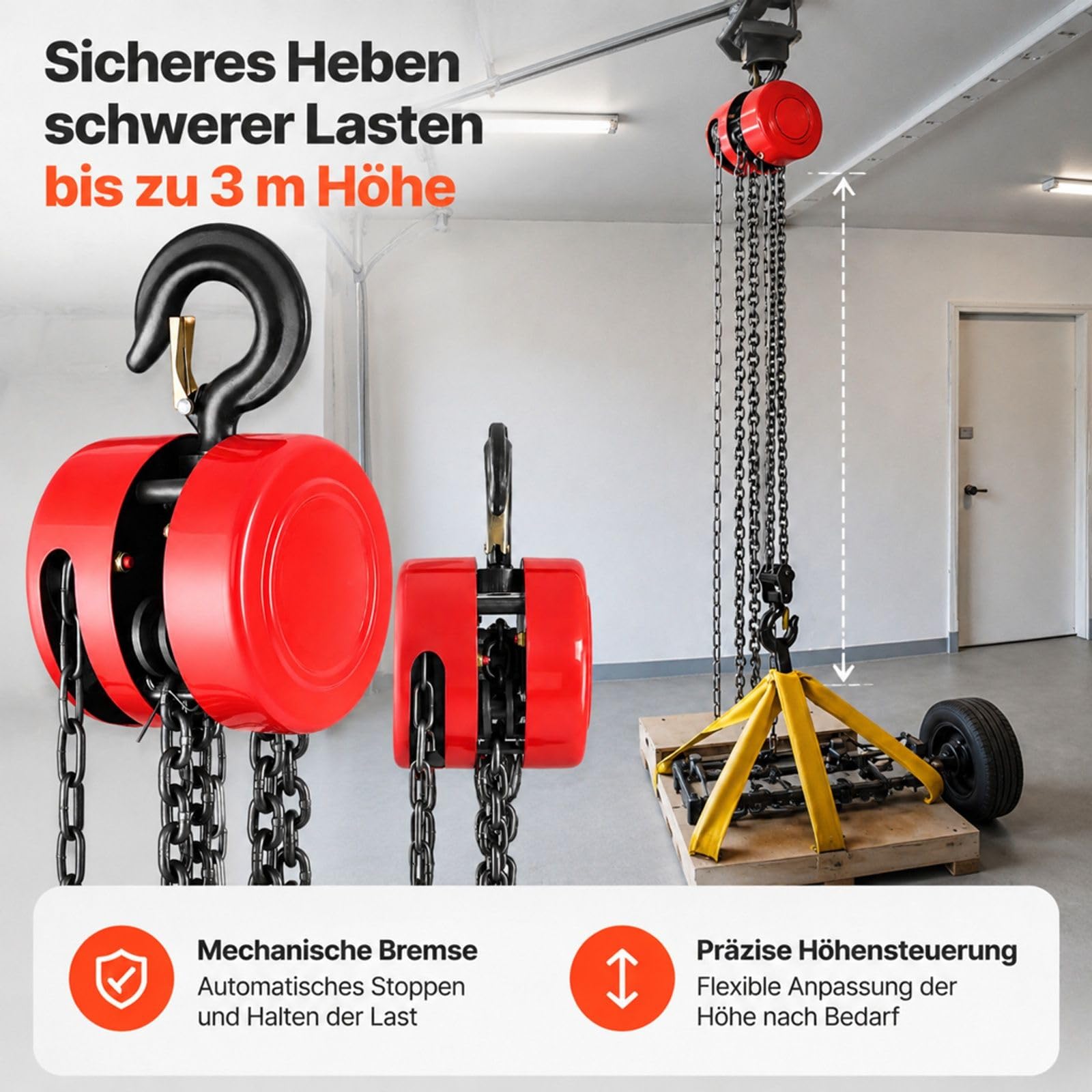 Manueller Kettenzug in Rot mit Haken und Kette für Garage Lager Werkstatt und Automobilmaschinen