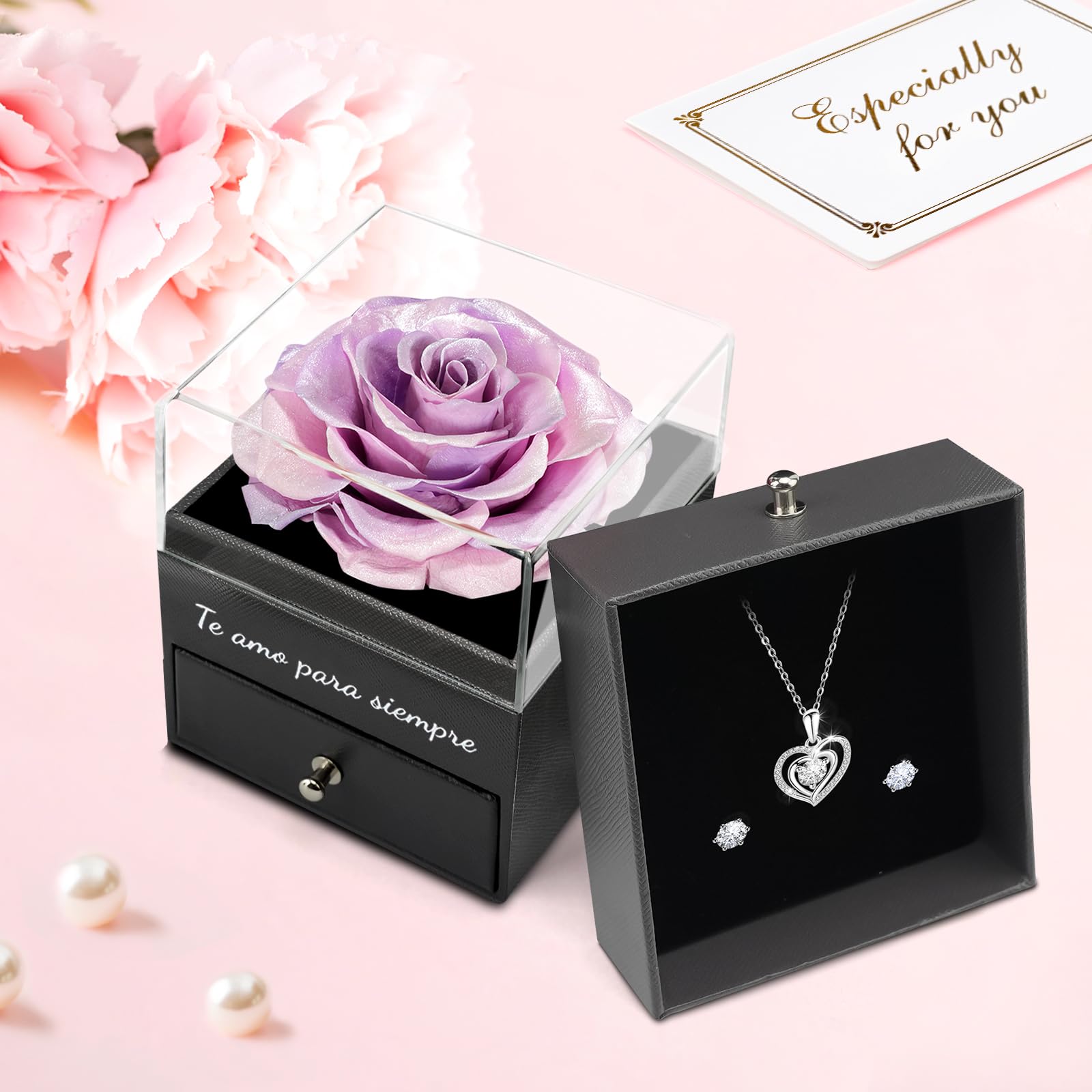 Miofula Rosa Eterna Regalos Originales para Mujer,Flores Preservadas Caja de Regalo con Collar y Aretes,Regalo Aniversario Pareja,Regalo Mujer Cumpleaños,Regalo Mama Novia Dia de la Madre San Valentin