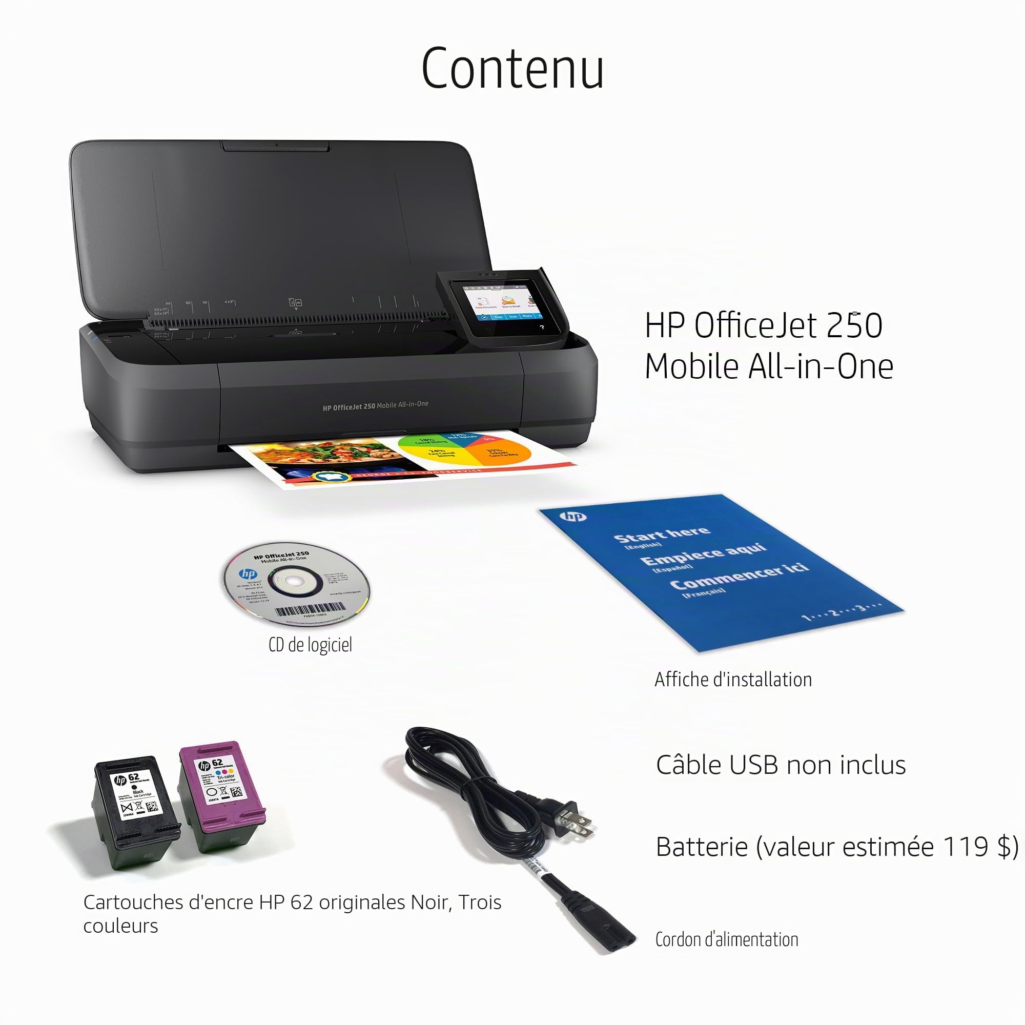 HP OfficeJet 250 Mobile AIO Imprimante Multifonction Jet d'encre A4 WiFi Noir 600 x 600 dpi