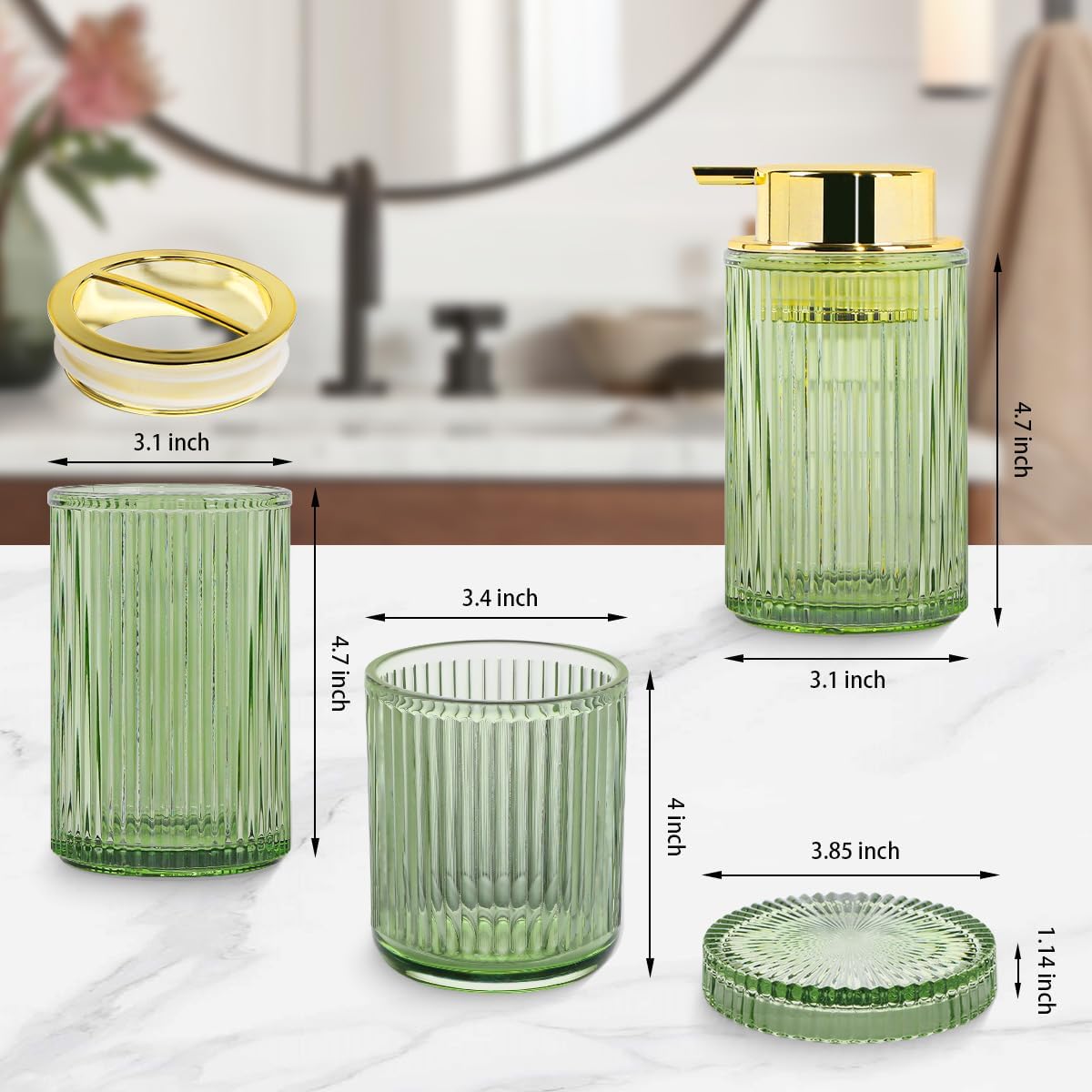 Glass Bathroom Accessories, 4 Pcs Bathroom Sets Complete, Soap Dispenser and Toothbrush Holder Set, 2 Qtip Holder, Bathroom Sink Organizer, Modern Ribbed Home Decor (Green)