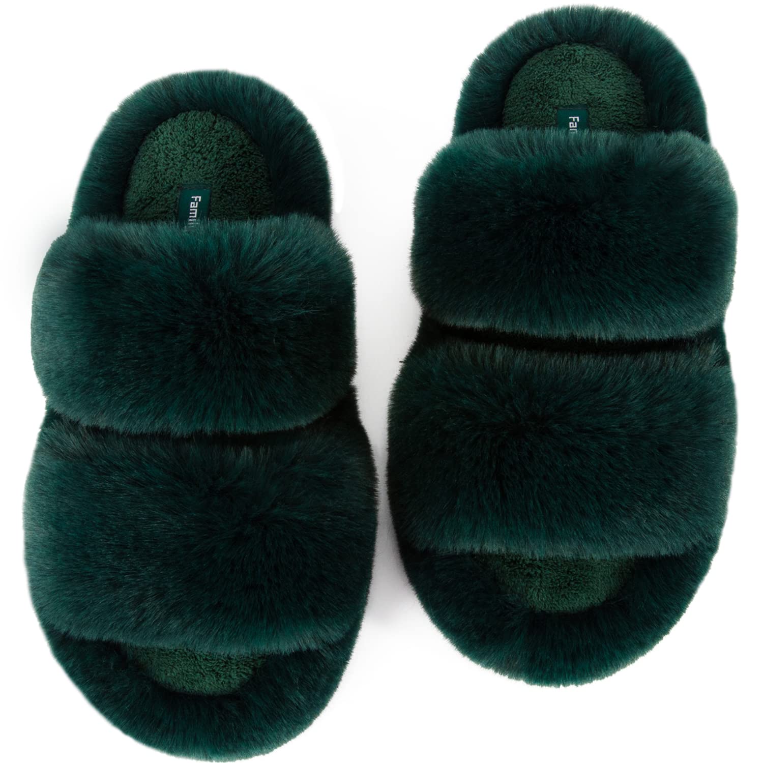 FamilyFairy Women's Fluffy Faux Fur Slippers Comfy Open Toe Two Band Slides with Fleece Lining and Rubber Sole(Large / 9-10,Green)