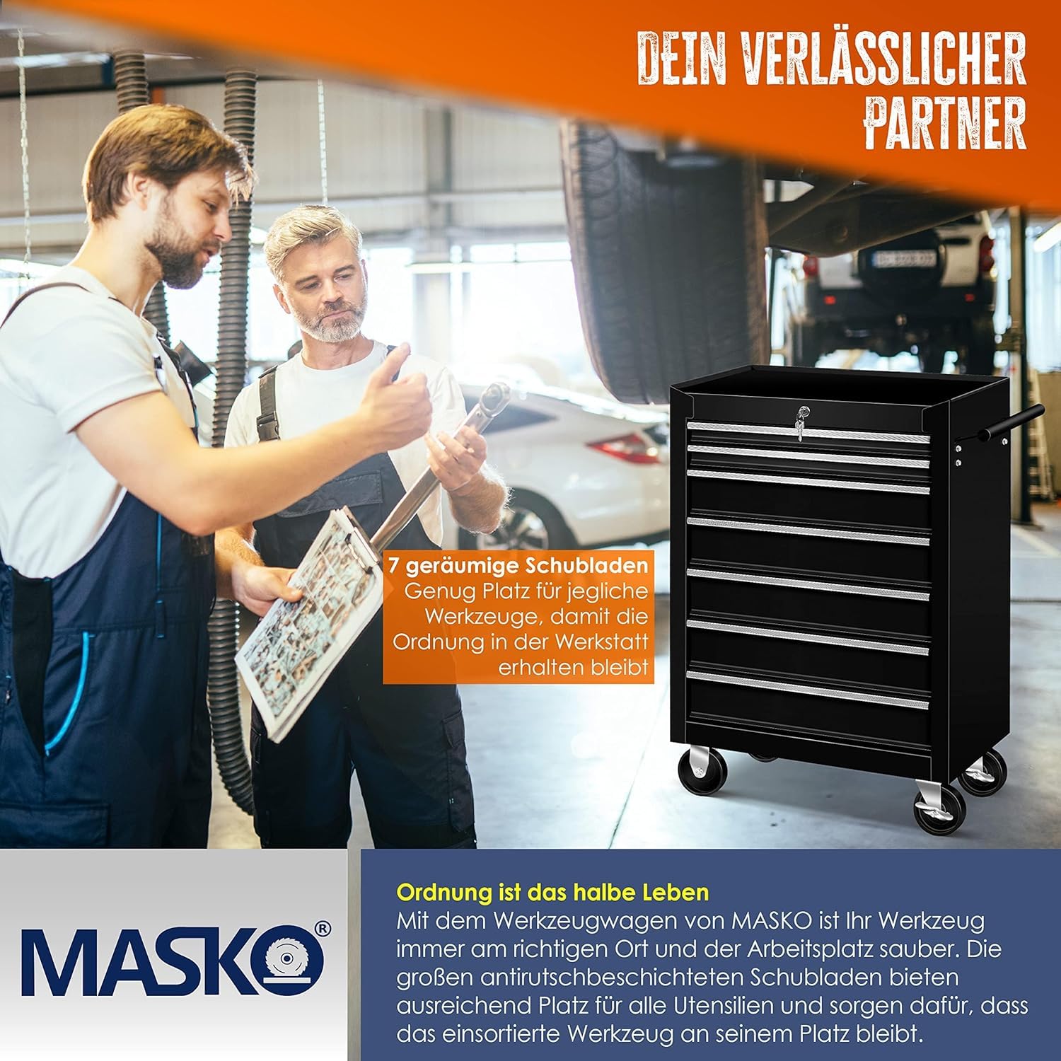 Masko® Carro de taller para herramientas, con 7 cajones, negro, metal macizo, profesional, portátil, con ruedas, bloqueable, con cerradura, no incluye herramientas