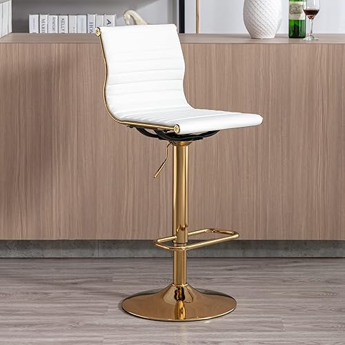 Miniatura 18 de Taburetes de bar de metal, sillas de bar de altura ajustable, taburete moderno de piel sintética blanca sin brazos con base cromada para isla de