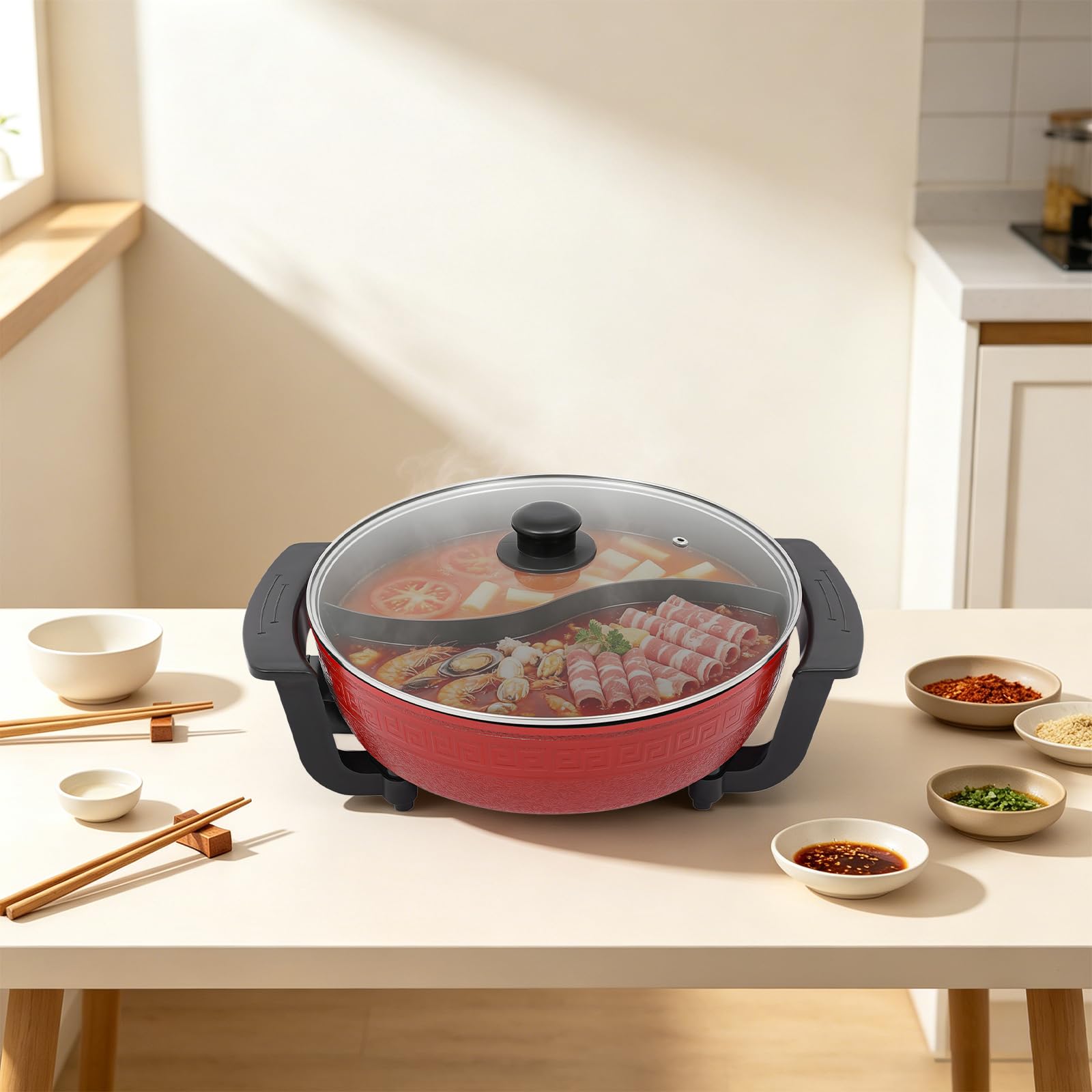 Pentola da 1360 W Hot Pot 6 L Twin Hot Pot Shabu per fonduta cinese con coperchio e 5 livelli di regolazione della temperatura per 3-4 persone