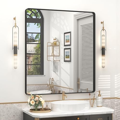 Espejo de baño negro para pared, 36 x 32 pulgadas, marco de metal negro mate, espejo de tocador de baño rectangular de esquina redonda, espejo de