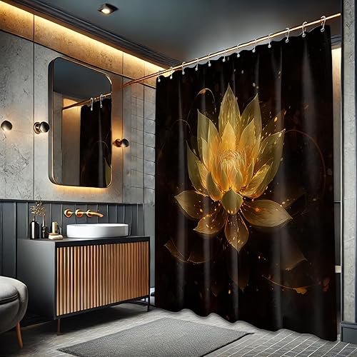 Miniatura 2 de Cortina de ducha negra y dorada con flores de loto amarillo dorado para juegos de decoración de baño, tela impermeable con ganchos, 70 x 72 pulgadas