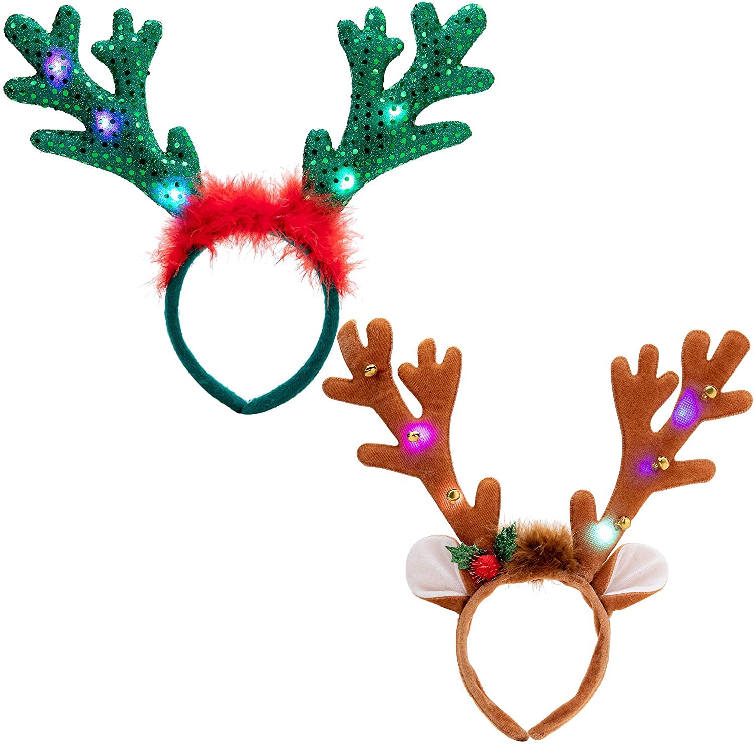 THUSTAND Christmas Light-Up Reindeer Headband, Reindeer Headbands with LED 2 Pack