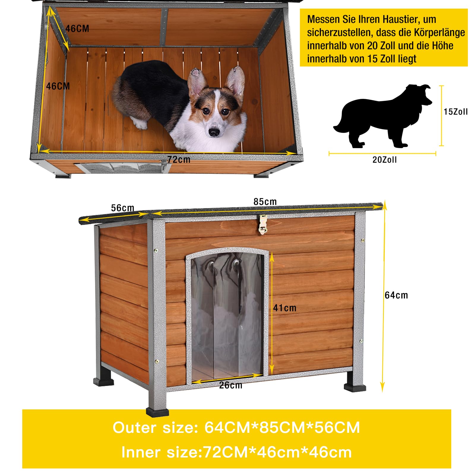 Aivituvin Hundehaus Indoor Outdoor Holz Hundekennel für den Winter, wetterfest, geeignet für kleine, mittlere und große Hunde, einzigartiges Ganzumfassung Stahlrahmen (Braun, L)