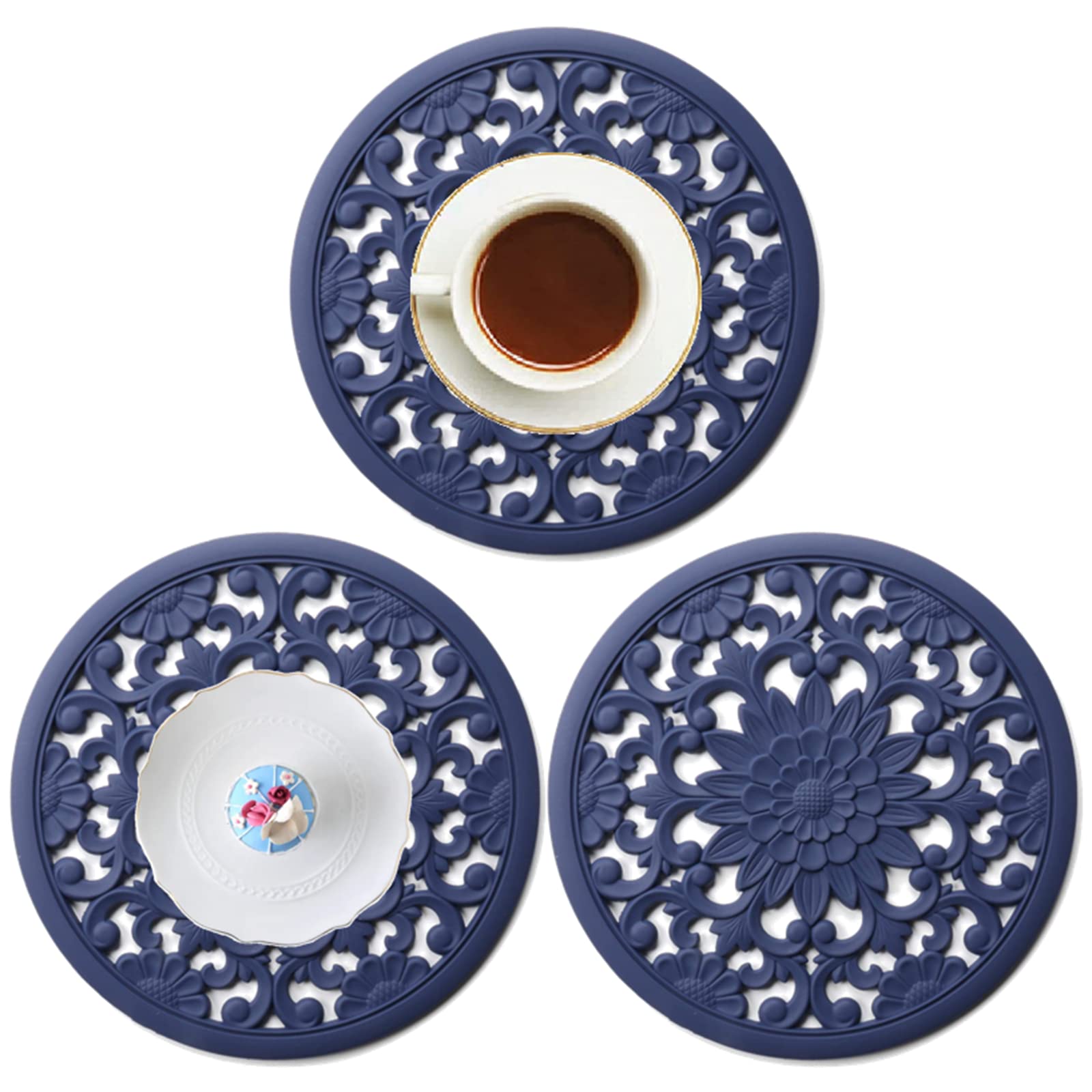 Deyiis Round Pot Holders, 3 Pcs Silicone Pot Holders Interior Heat-Resistant Padding Multi-Purpose Pot Holders Insulated, Robust Non-Slip Hot Pads and Pot Holders for Christmas Wedding Decoration