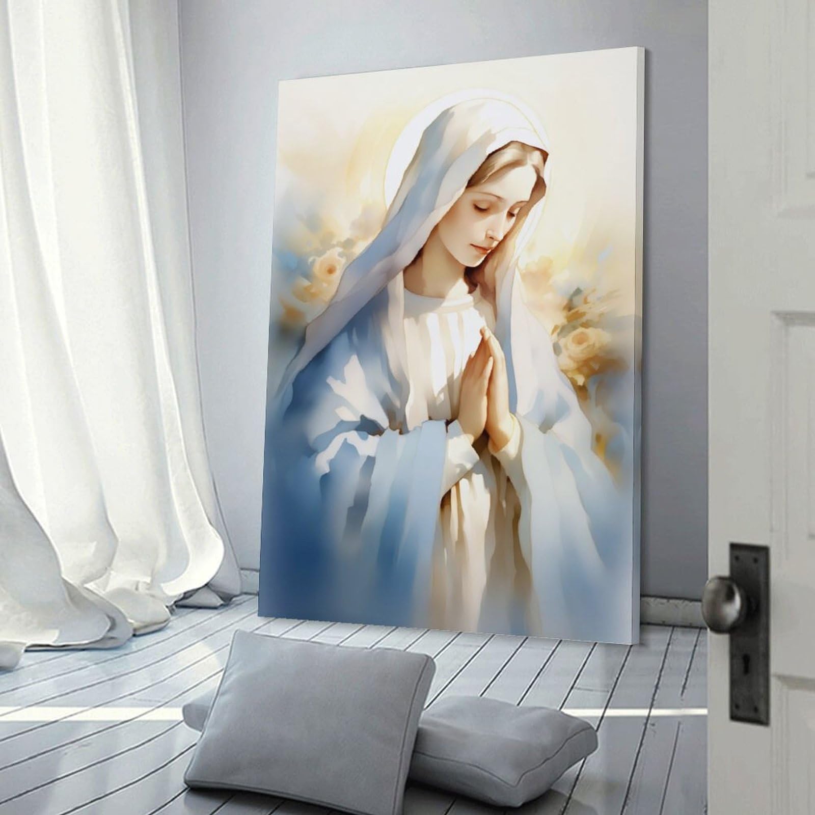 Junmoney Prayerful Virgin Mary Art Print Wall Decor Canvas Print 16x24inch(40x60cm), for Sofa Walls, Lounge Or Home Corners, Modern Wall Decor for Cosy Interiors