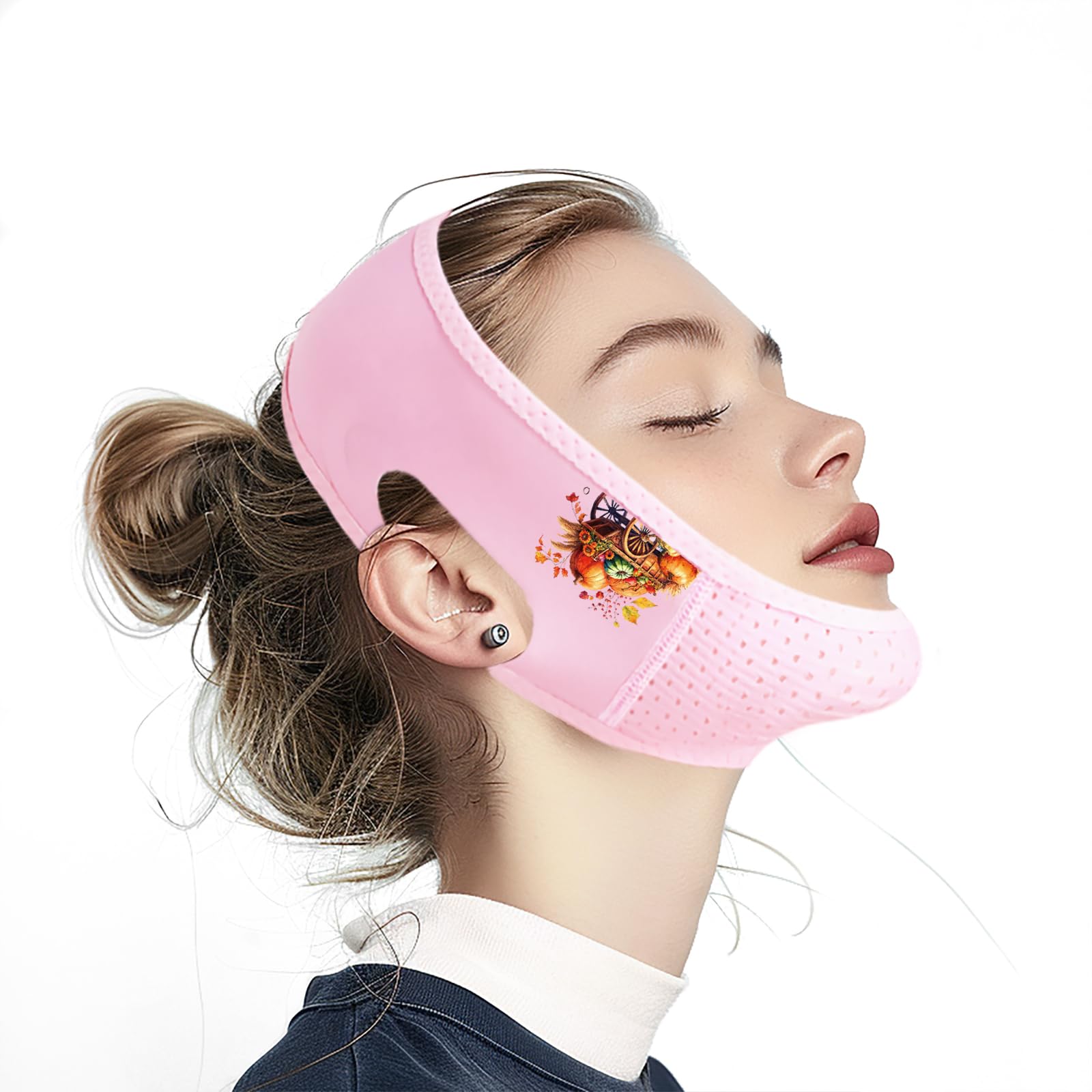 Chin Strap for Sleeping V Line Lifting Mask Reusable Face Strap Jaw Exerciser Fall Rustic Pumpkins-Pink-M