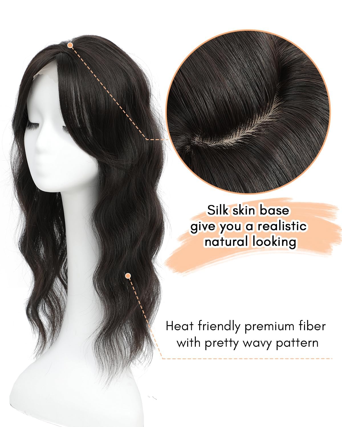 FINE PLUS 20-Inch Wavy Hair Topper for Women With Thinning Hair - Brown Black Synthetic Clip-In Fringe Topper Hair Piece to Add Volume - Image 2