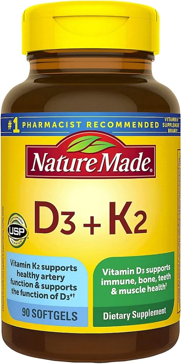 Nature Made Vitamin D3 K2 Supplement, 90 Softgels | Vitamin D 5000 IU (125 mcg) for Immune, Bone, Teeth and Muscle Health Support, 90 Day Supply