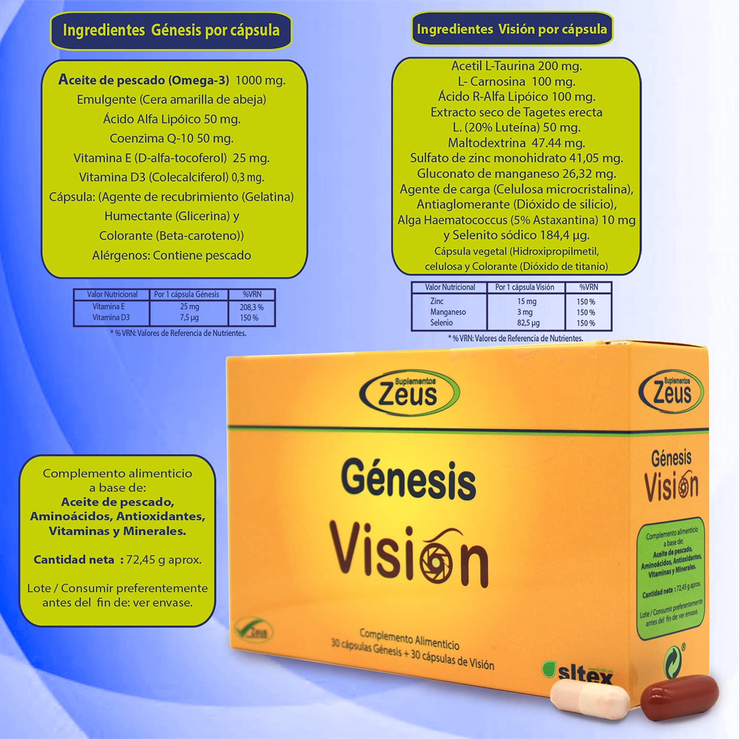 GÉNESIS VISIÓN suplementos zeus Contribuye al mantenimiento de la visión. Alimenticio a base de Aceite de pescado, Aminoácidos, CoQ10, Luteína, Astaxantina, Vitaminas y Minerales 60 Cap