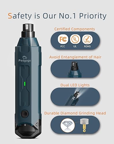 Miniatura 7 de Molinillo de uñas para perros súper silencioso (45 db) de 6 velocidades con 2 luces LED de 12000 RPM y 3 puertos de molienda profesional recargable