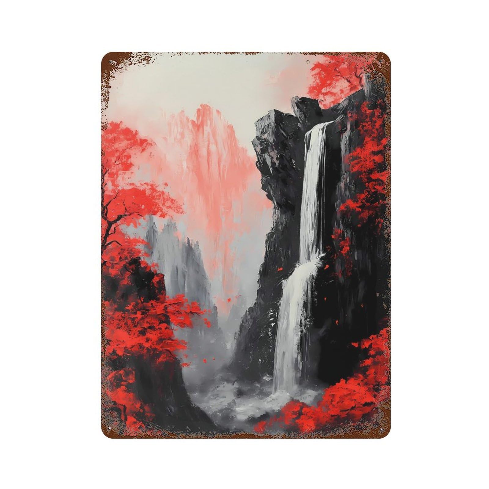 Waterfall in Red Forest Decorative Tin Sign 15.7"x11.8", Industrial Home Decor for Garage, Pub Or Kitchen