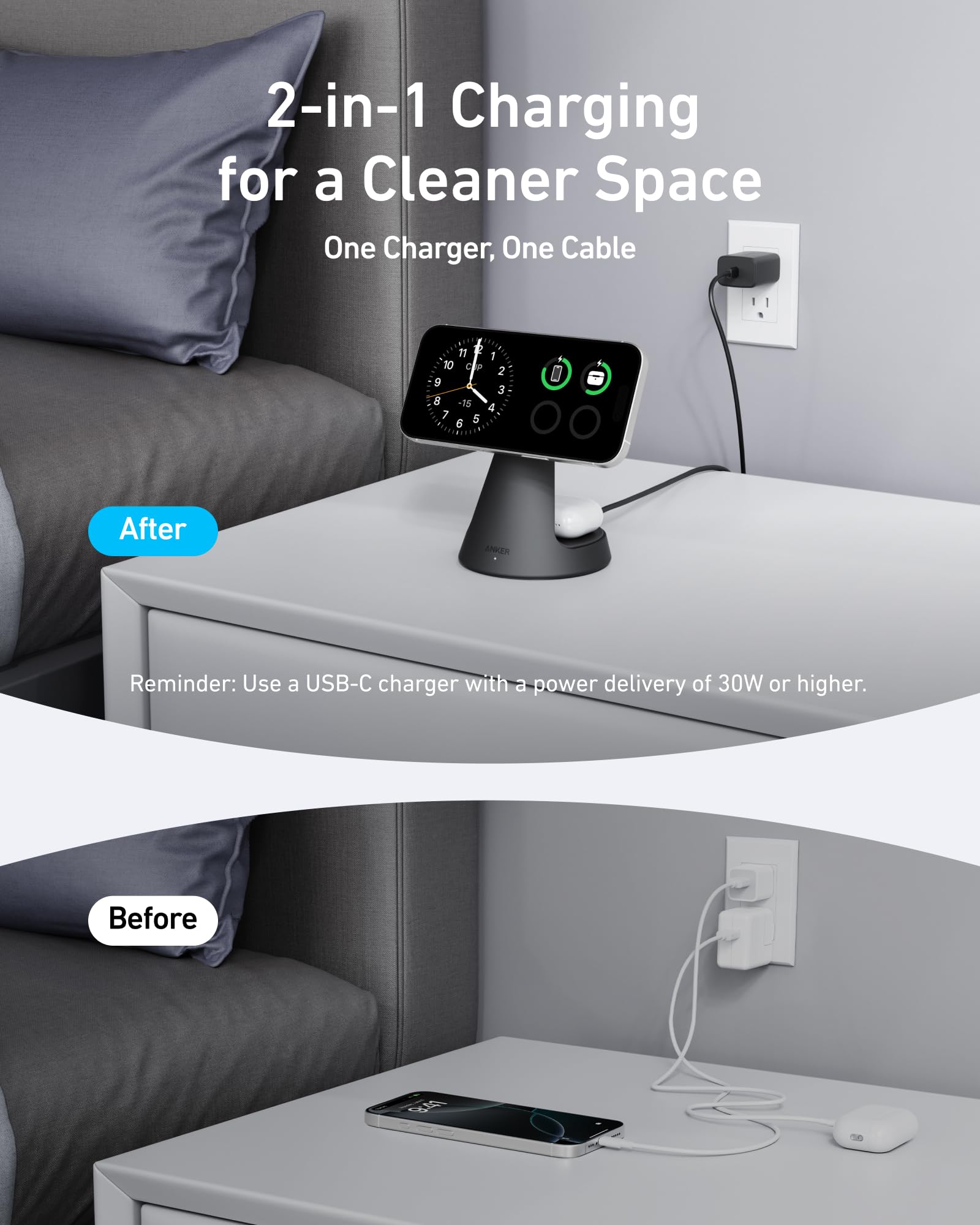Anker MagGo Stazione di ricarica 2-in-1 di, compatibile MagSafe, caricatore wireless iPhone certificato Qi2 da 15W,regolabile e super resistente,per iPhone serie 16/15 e altro (adattatore non incluso)