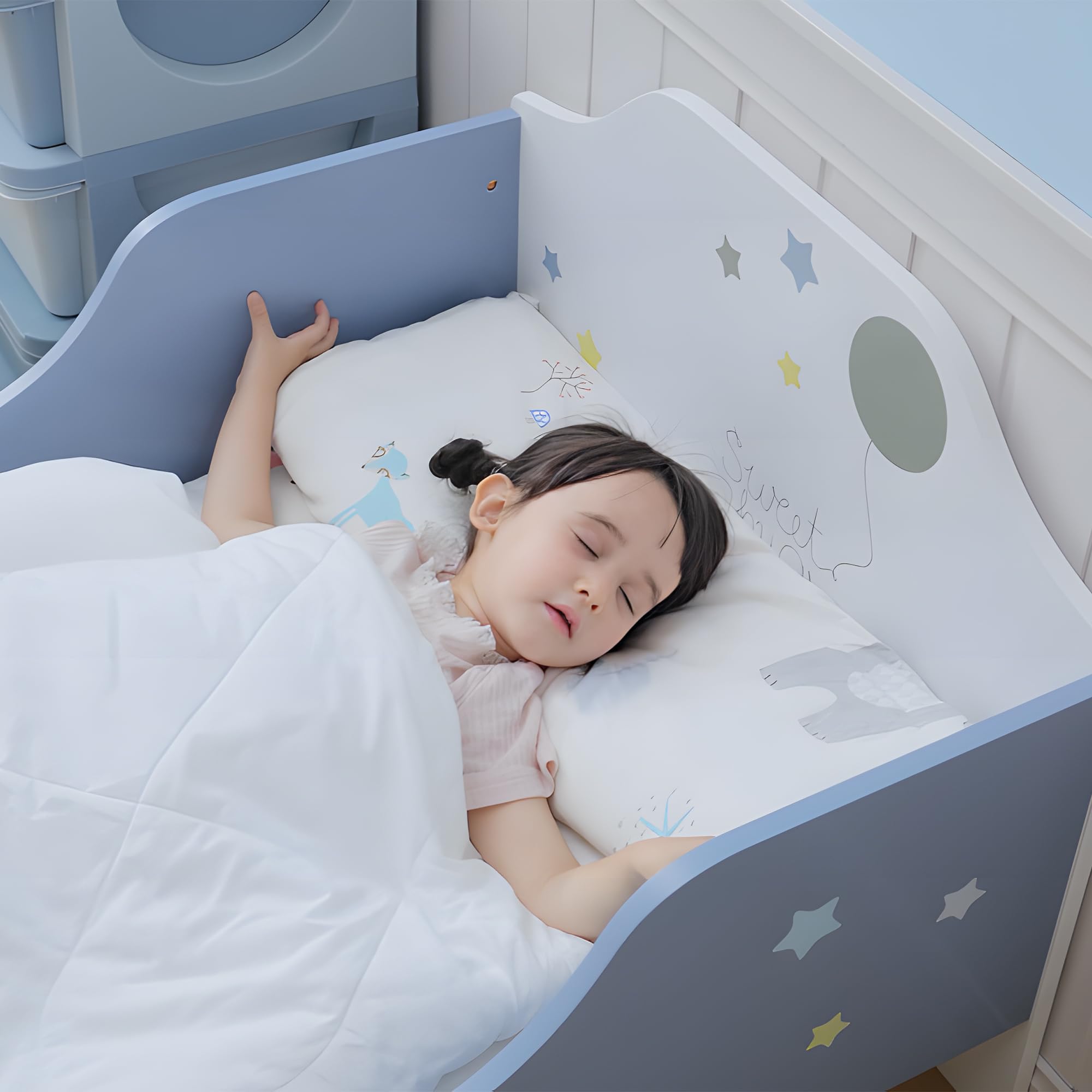 HOMCOM Cama para Niños de +3 Años 143x74x59 cm Cama Infantil de Madera con Estampado con Estrellas Carga 50 kg para Dormitorio Azul y Blanco