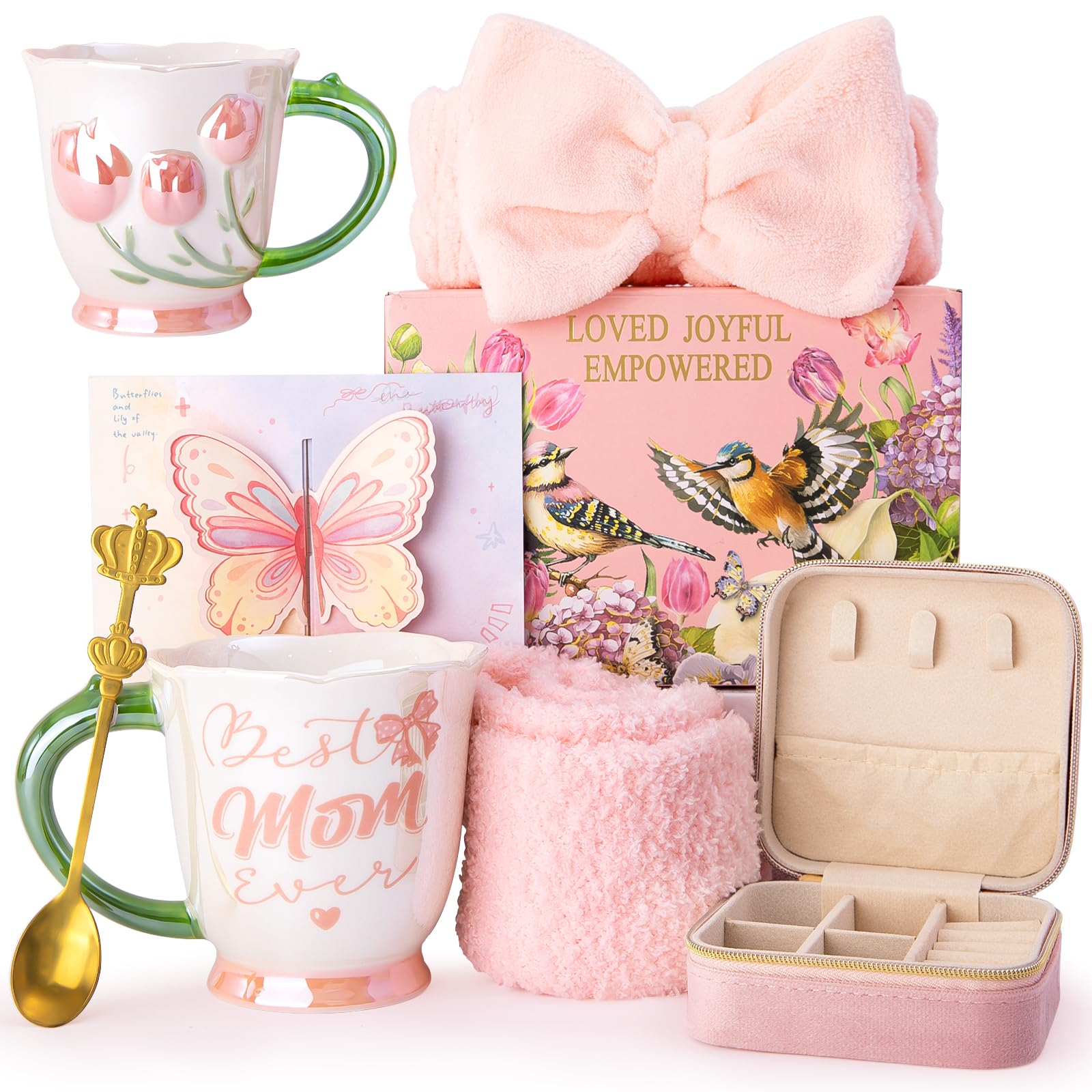 Mothers Day Gifts for Mom, 7Pcs Mom Gifts Set – 18Oz Tulip Embossed Pearlescent Glaze Best Mom Ever Mug, Spoon, Headband, Socks, Jewelry Box, Card, Gift Box – Birthday Gift for Mom from Daughter, Son