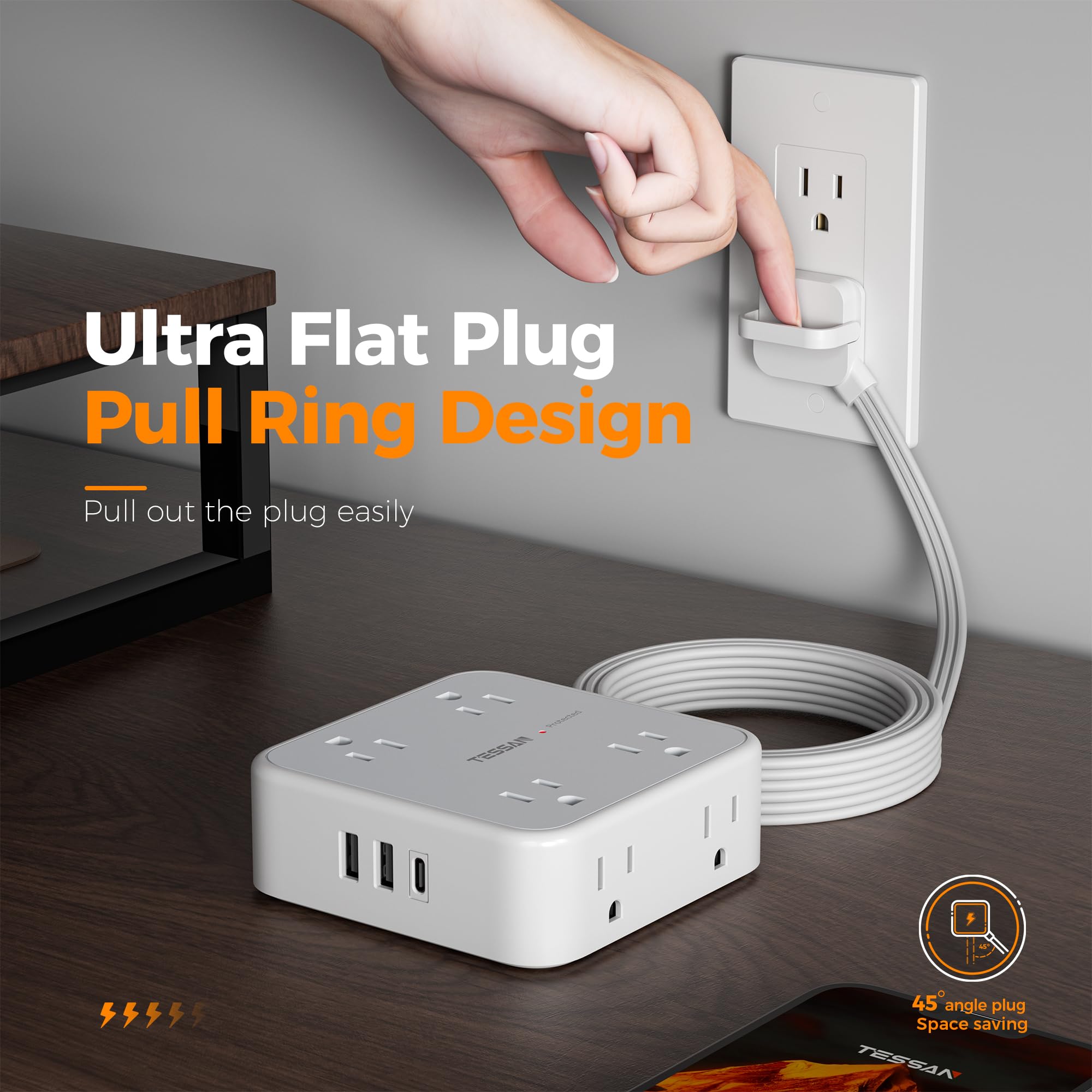 Surge Protector Power Strip Flat Plug, TESSAN Long Extension Cord 10 FT with 8 Outlets, 3 USB Ports(1 USB C), 3-Sided Outlet Extender, 900 Joules Protection, Desk Charging Station for Home, Office